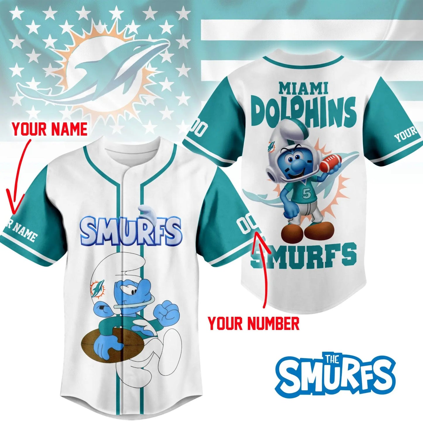 Miami Dolphins | Premium NFL x Smurfs Jersey NY – HuddleStyle.com - Image 3