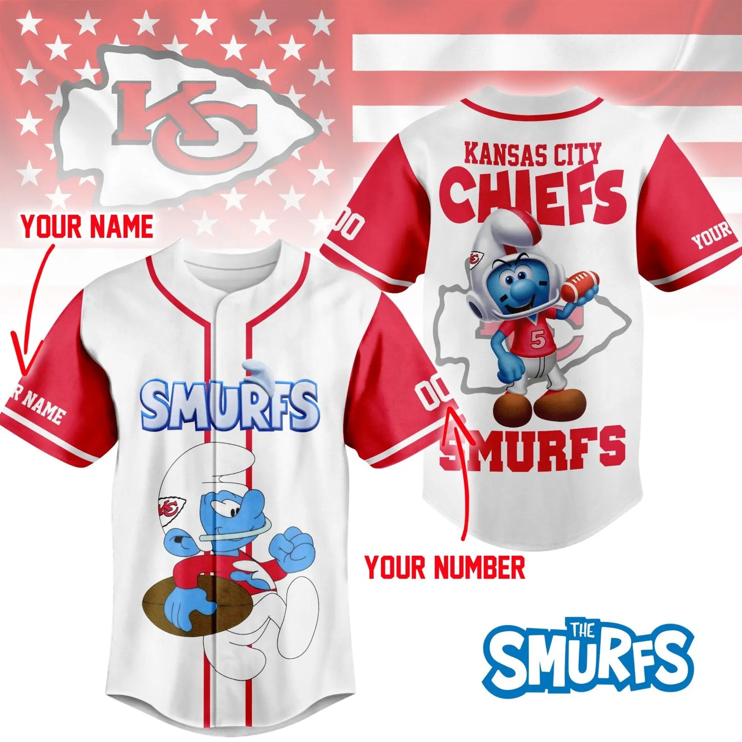Kansas City Chiefs | Premium NFL x Smurfs Jersey NY – HuddleStyle.com - Image 3