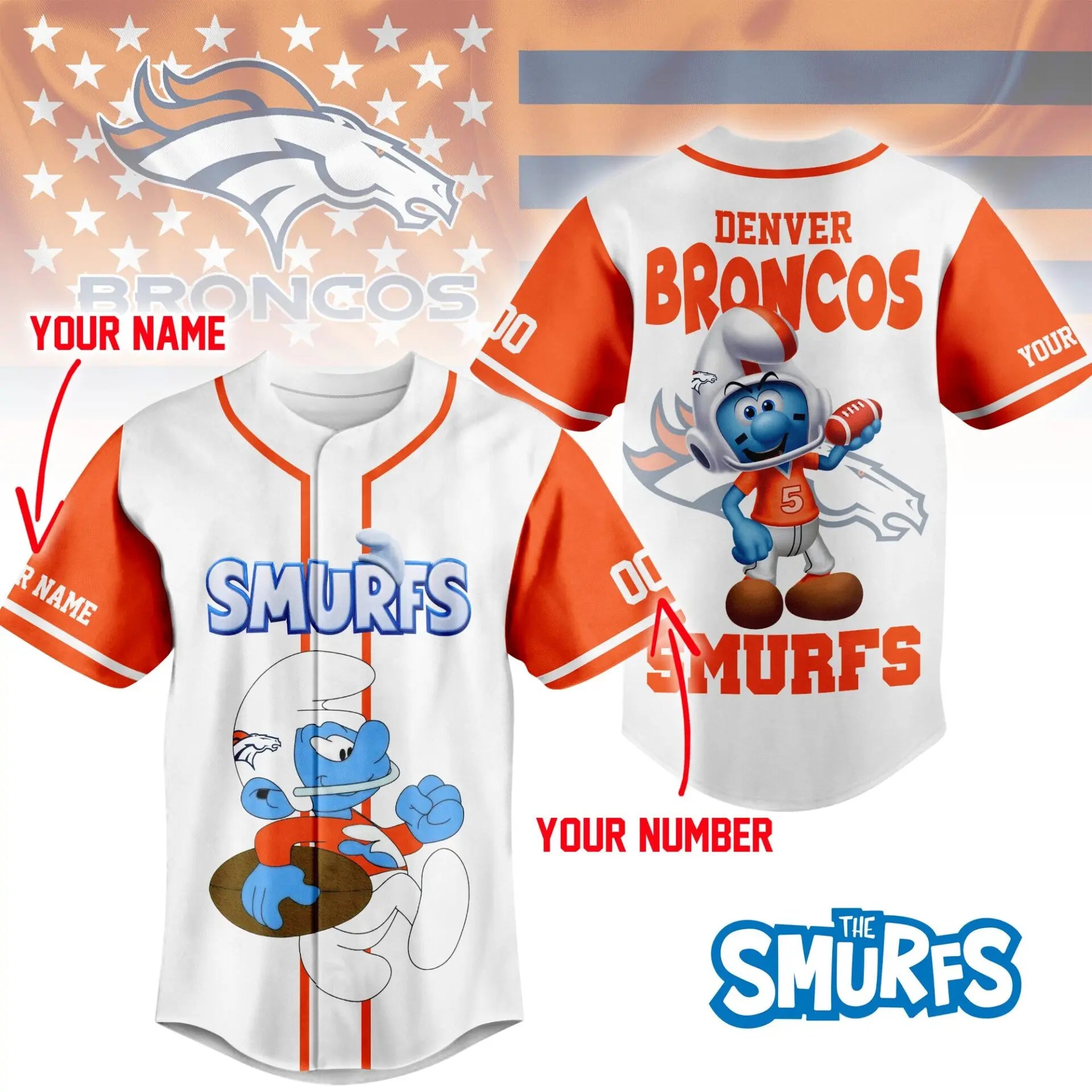Denver Broncos | Premium NFL x Smurfs Jersey NY – HuddleStyle.com - Image 3