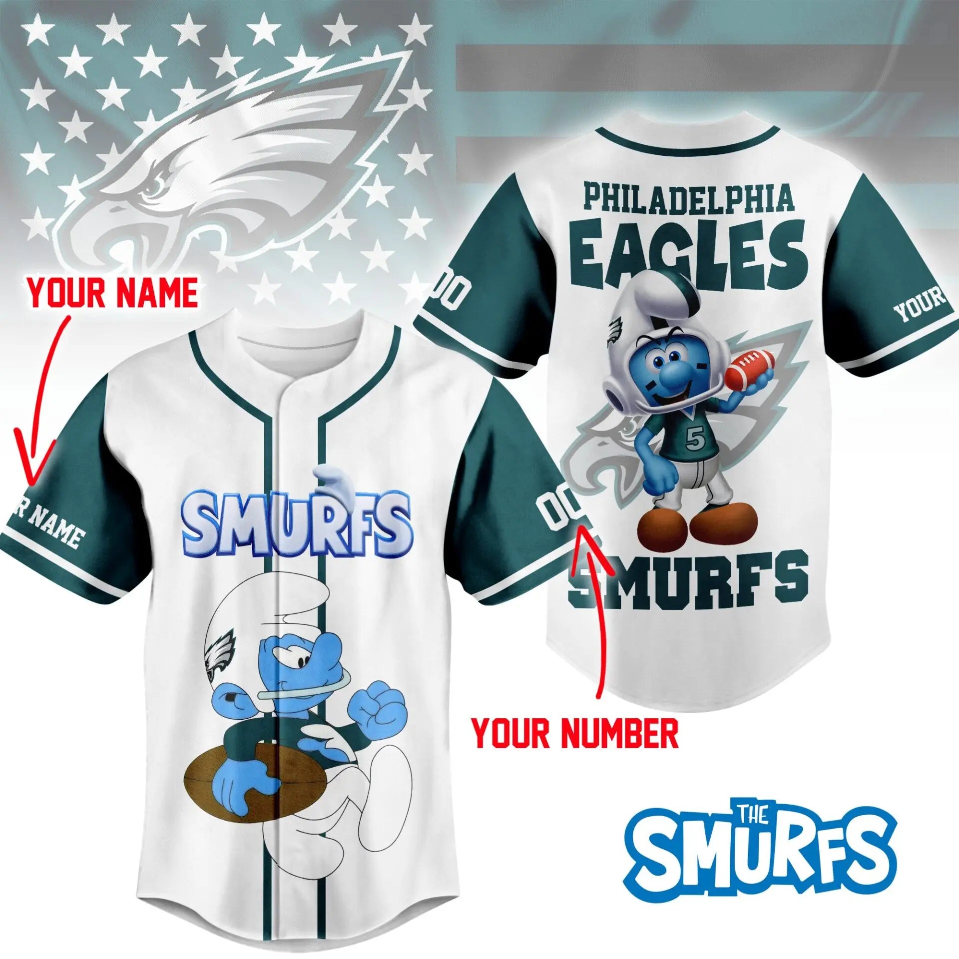 Philadelphia Eagles | Premium NFL x Smurfs Jersey NY – HuddleStyle.com - Image 2