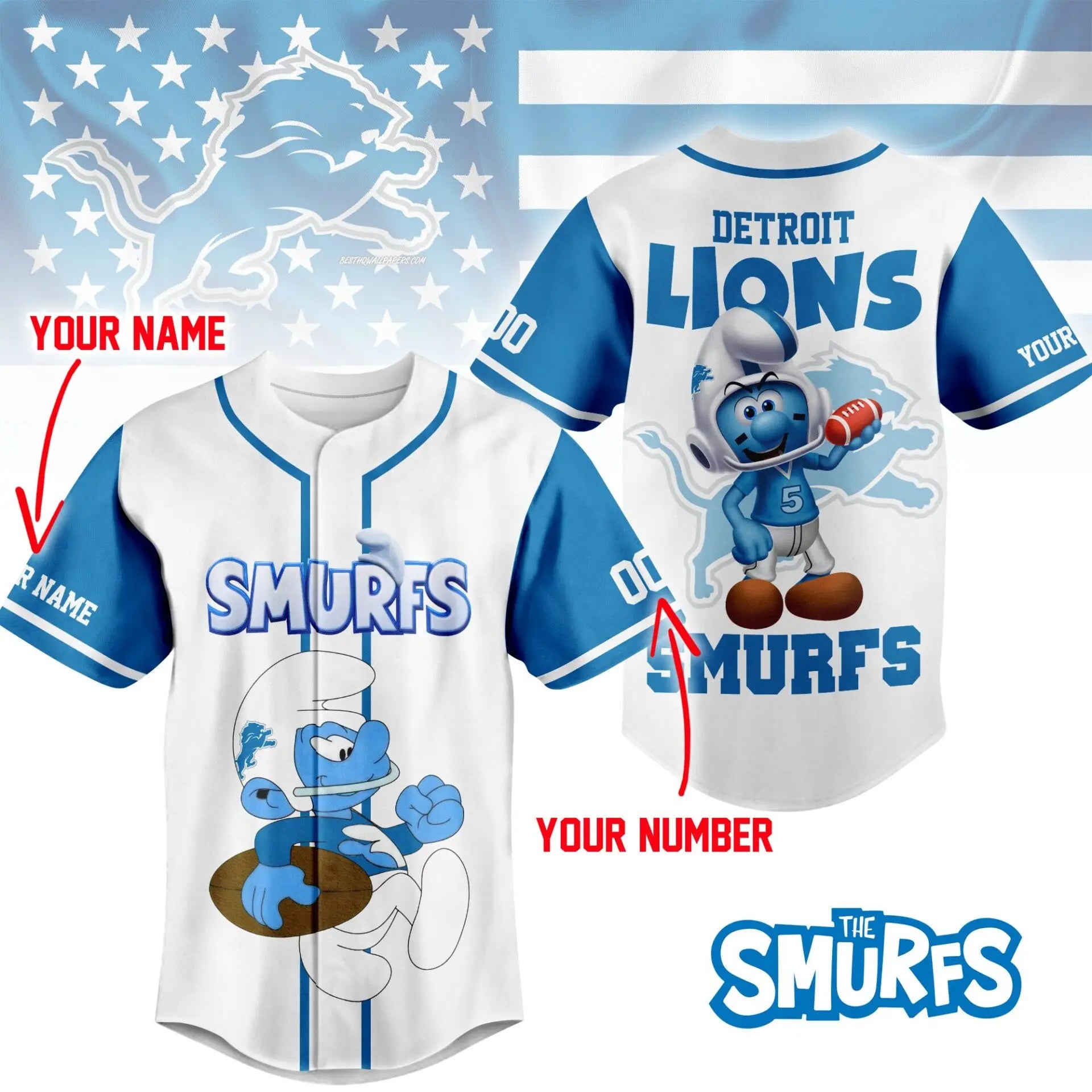 Detroit Lions | Premium NFL x Smurfs Jersey NY – HuddleStyle.com - Image 3