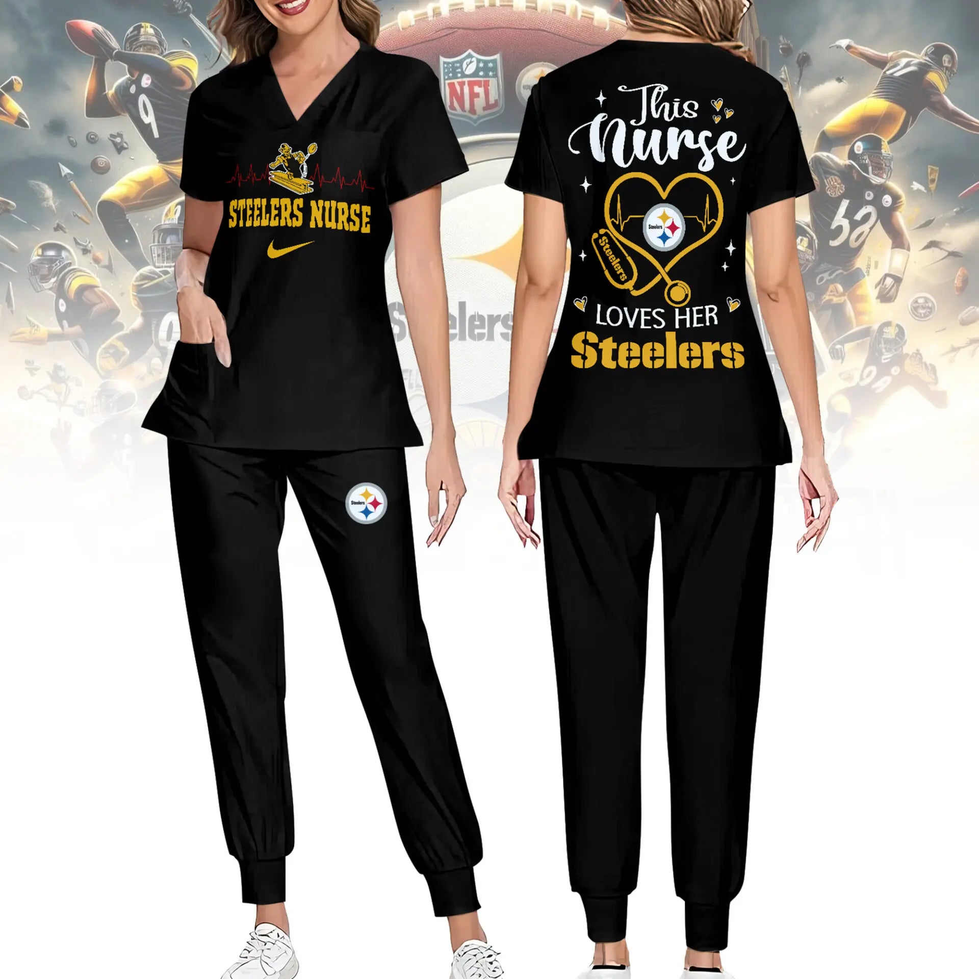 Pittsburgh Steelers | Premium NFL Nurse Appreciation Stretch V-Neck Scrub Top And Jogger Pant NY – HuddleStyle.com - Image 2