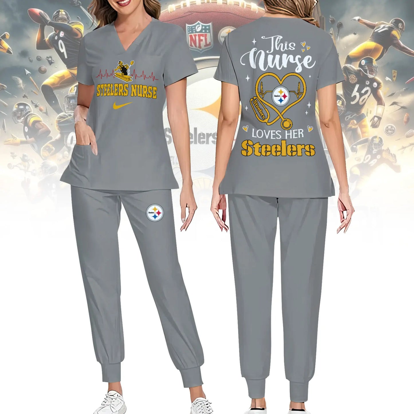 Pittsburgh Steelers | Premium NFL Nurse Appreciation Stretch V-Neck Scrub Top And Jogger Pant NY – HuddleStyle.com - Image 3