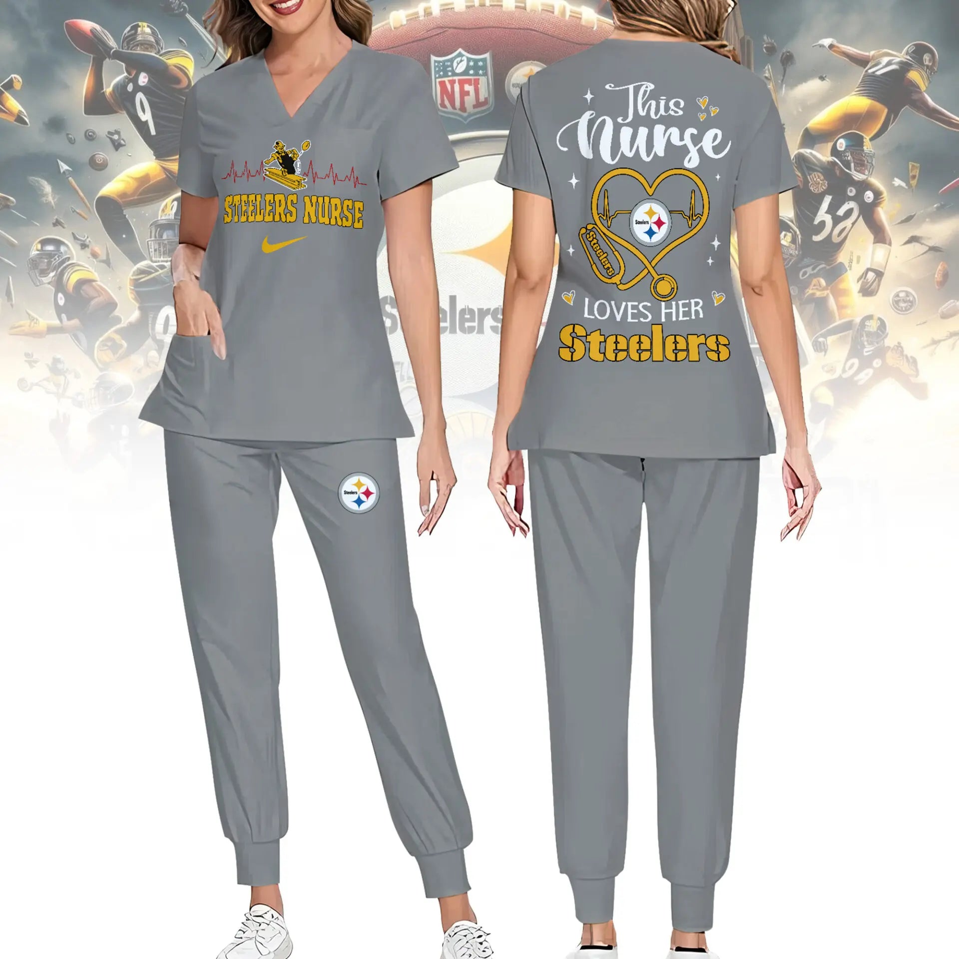 Pittsburgh Steelers | Premium NFL Nurse Appreciation Stretch V-Neck Scrub Top And Jogger Pant NY – HuddleStyle.com - Image 3