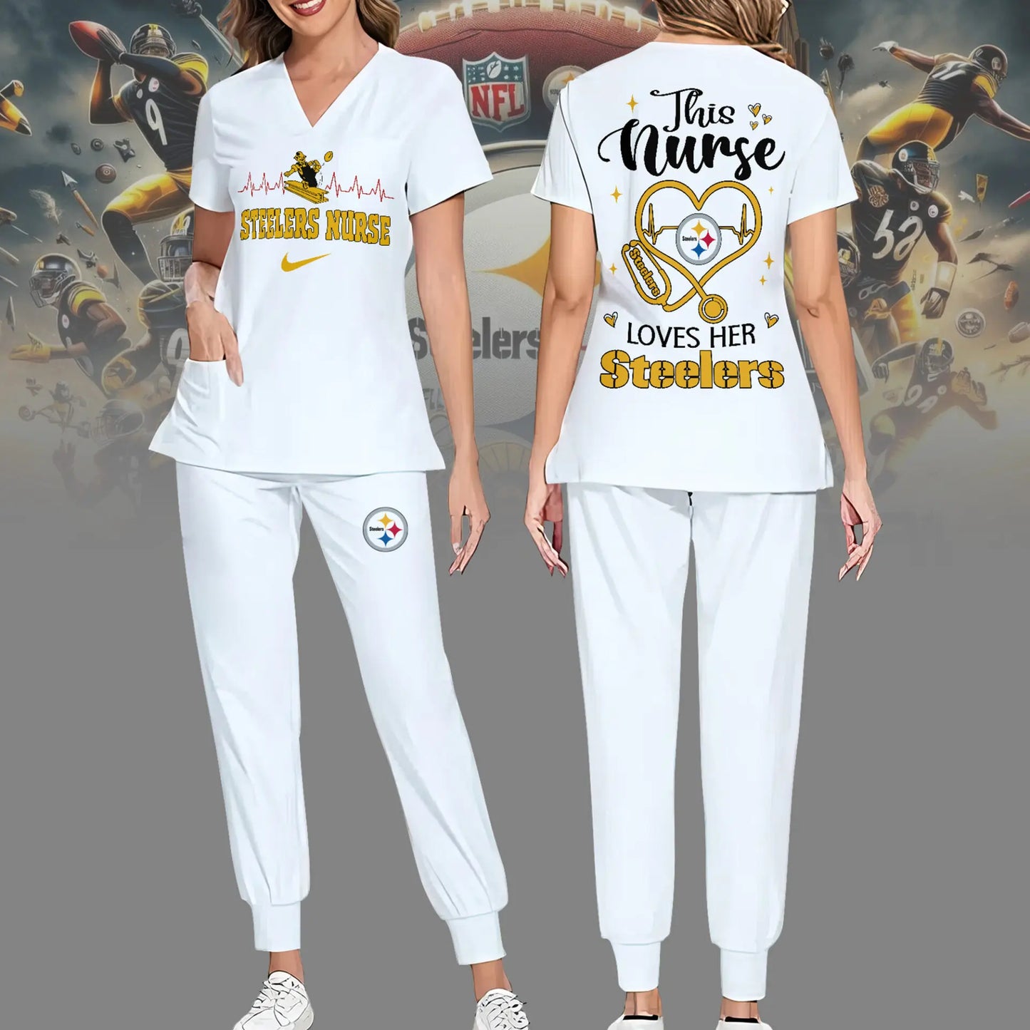 Pittsburgh Steelers | Premium NFL Nurse Appreciation Stretch V-Neck Scrub Top And Jogger Pant NY – HuddleStyle.com - Main
