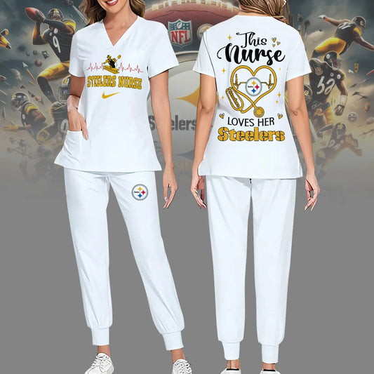 Pittsburgh Steelers | Premium NFL Nurse Appreciation Stretch V-Neck Scrub Top And Jogger Pant NY – HuddleStyle.com - Main