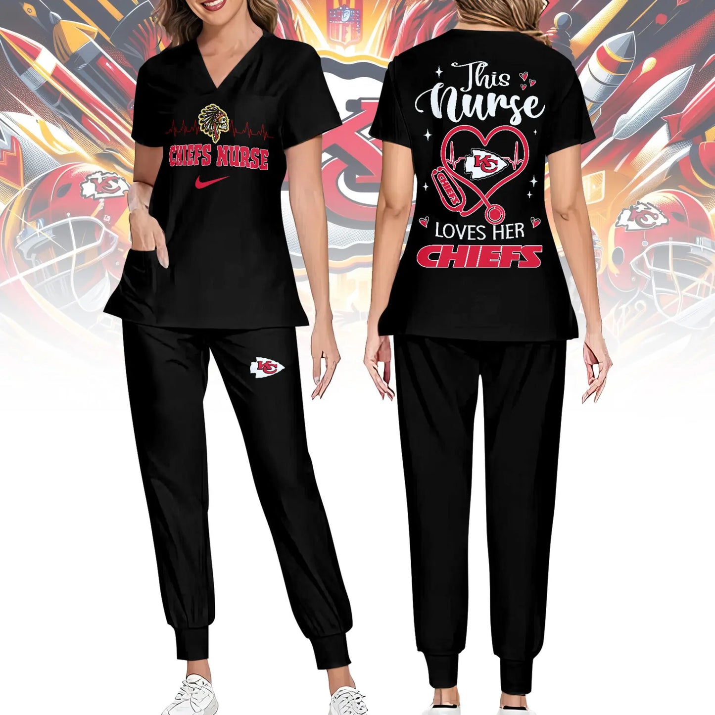 Kansas City Chiefs | Premium NFL Nurse Appreciation Stretch V-Neck Scrub Top And Jogger Pant NY – HuddleStyle.com - Image 2