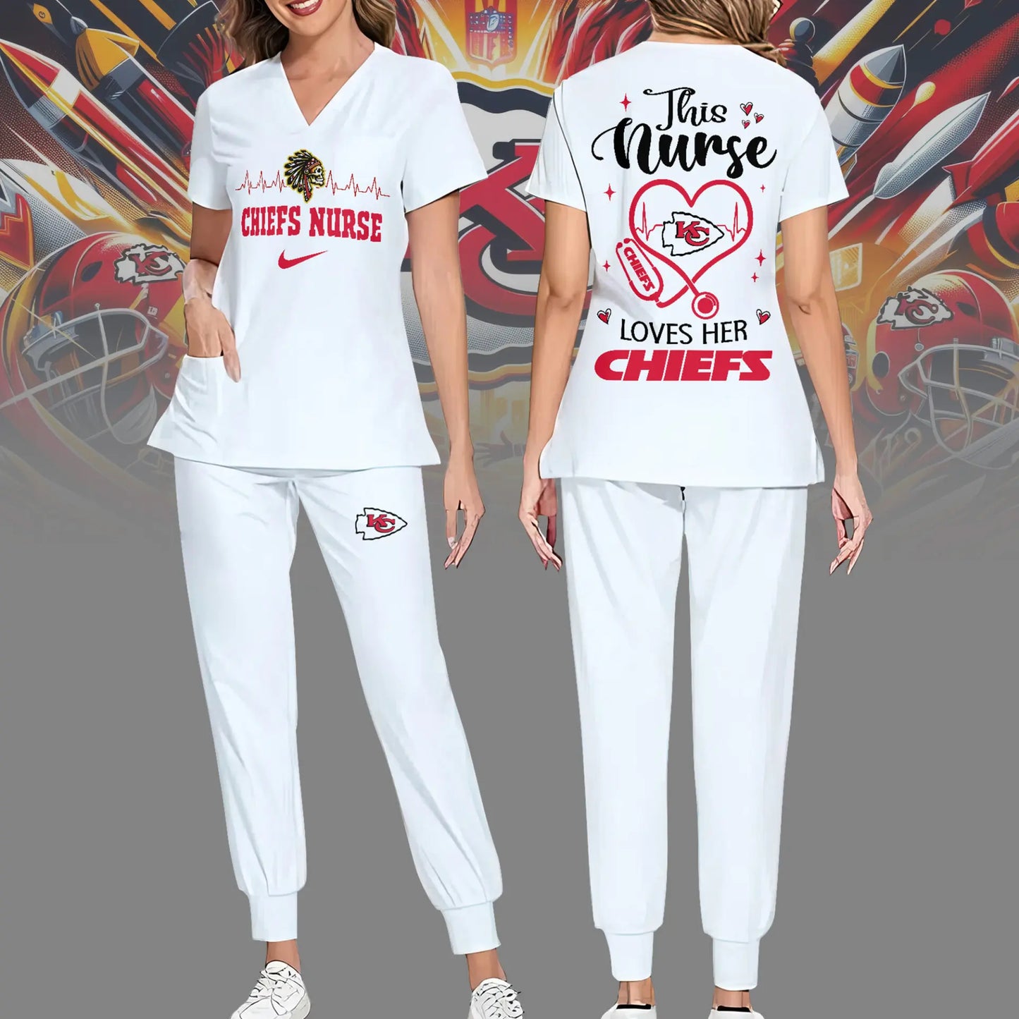 Kansas City Chiefs | Premium NFL Nurse Appreciation Stretch V-Neck Scrub Top And Jogger Pant NY – HuddleStyle.com - Main