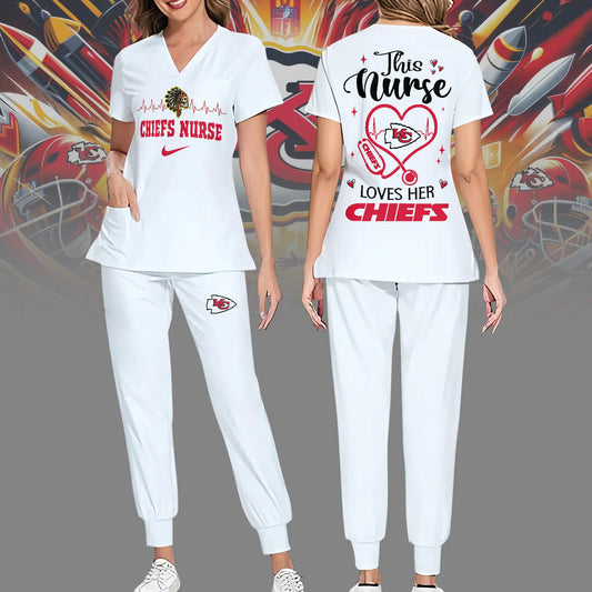 Kansas City Chiefs | Premium NFL Nurse Appreciation Stretch V-Neck Scrub Top And Jogger Pant NY – HuddleStyle.com - Main
