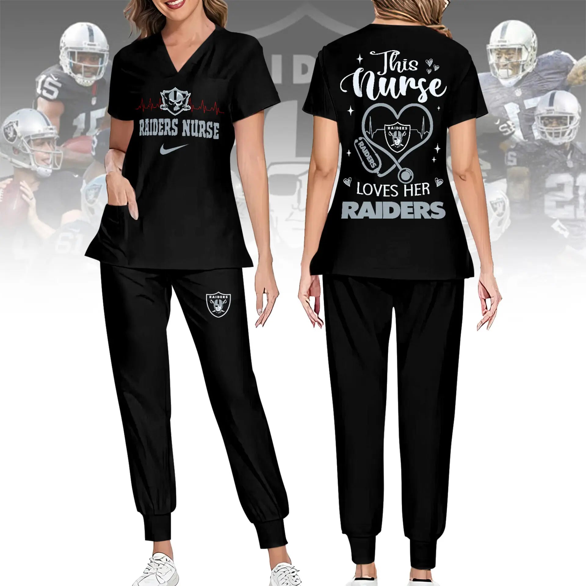 Las Vegas Raiders | Premium NFL Nurse Appreciation Stretch V-Neck Scrub Top And Jogger Pant NY – HuddleStyle.com - Image 2