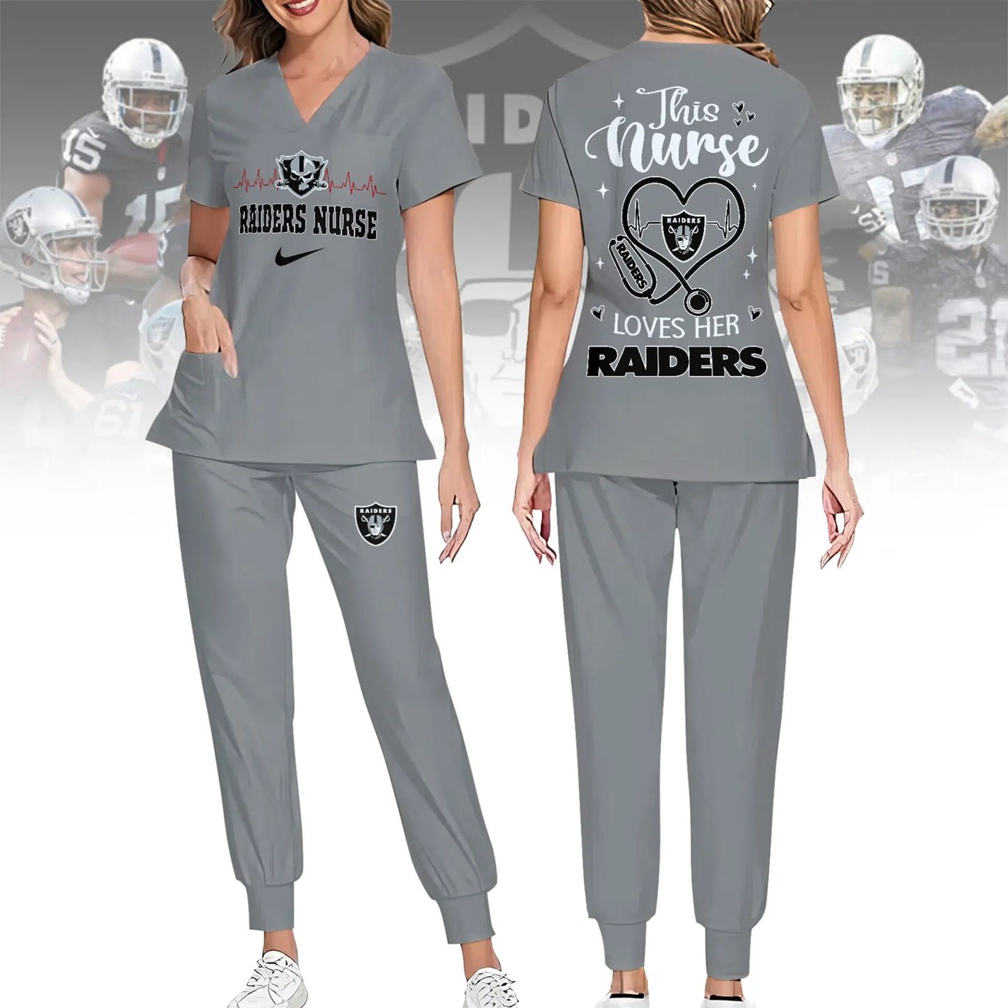 Las Vegas Raiders | Premium NFL Nurse Appreciation Stretch V-Neck Scrub Top And Jogger Pant NY – HuddleStyle.com - Image 3