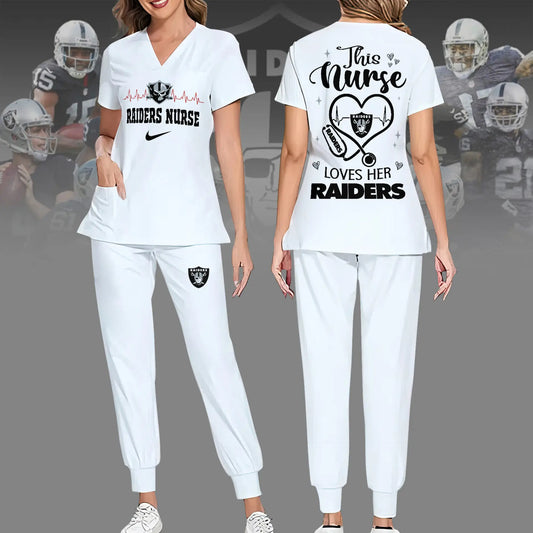 Las Vegas Raiders | Premium NFL Nurse Appreciation Stretch V-Neck Scrub Top And Jogger Pant NY – HuddleStyle.com - Main