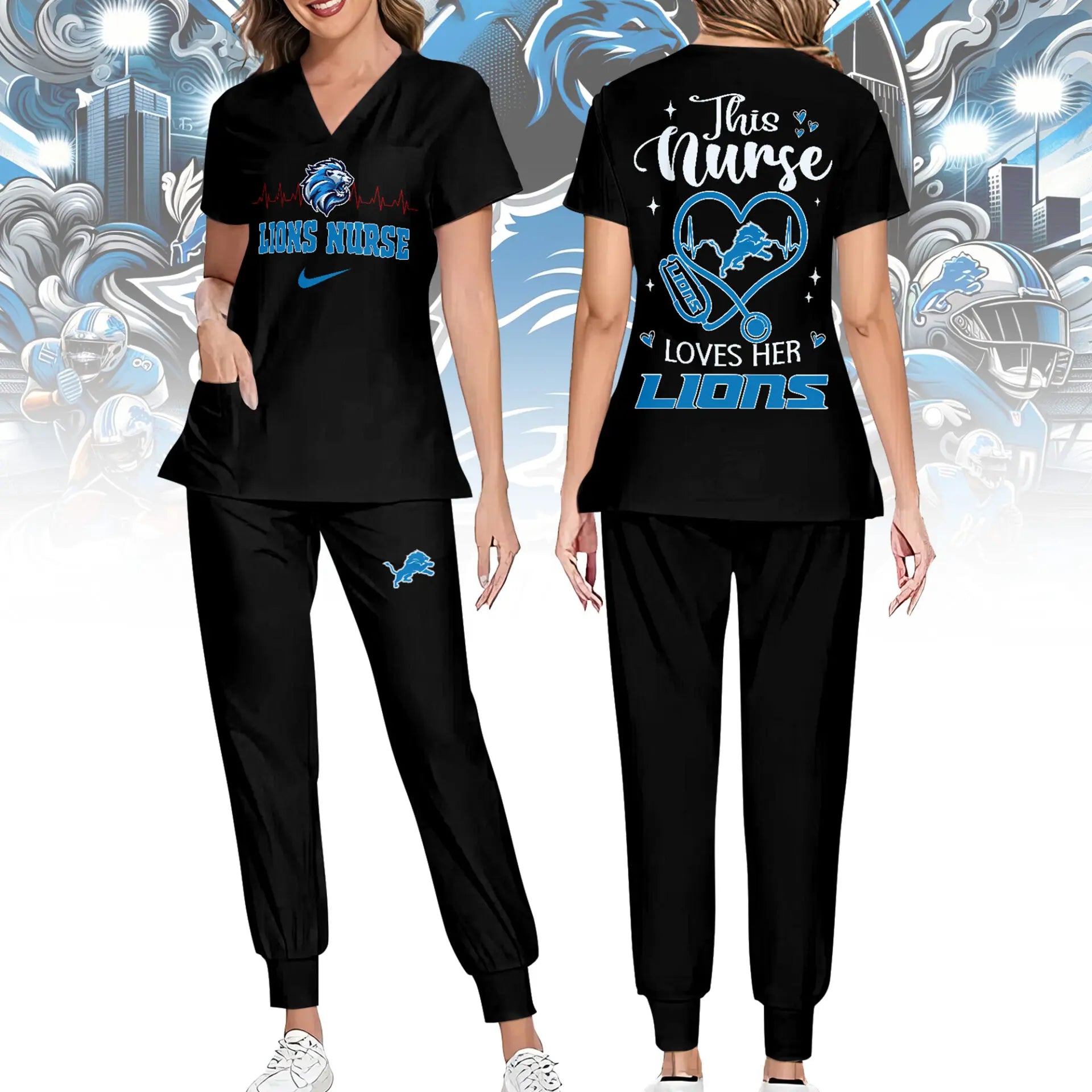 Detroit Lions | Premium NFL Nurse Appreciation Stretch V-Neck Scrub Top And Jogger Pant NY – HuddleStyle.com - Image 2
