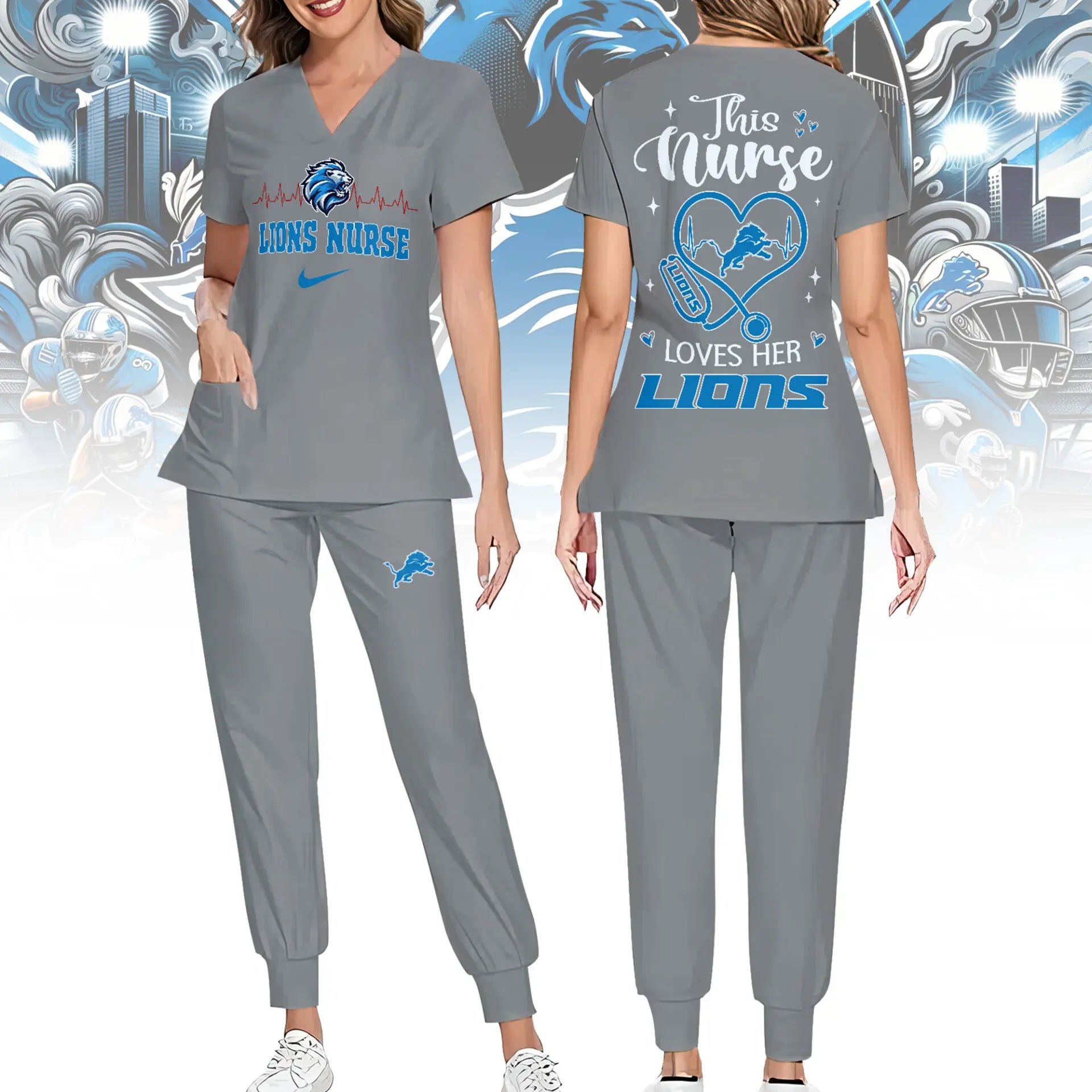 Detroit Lions | Premium NFL Nurse Appreciation Stretch V-Neck Scrub Top And Jogger Pant NY – HuddleStyle.com - Image 3