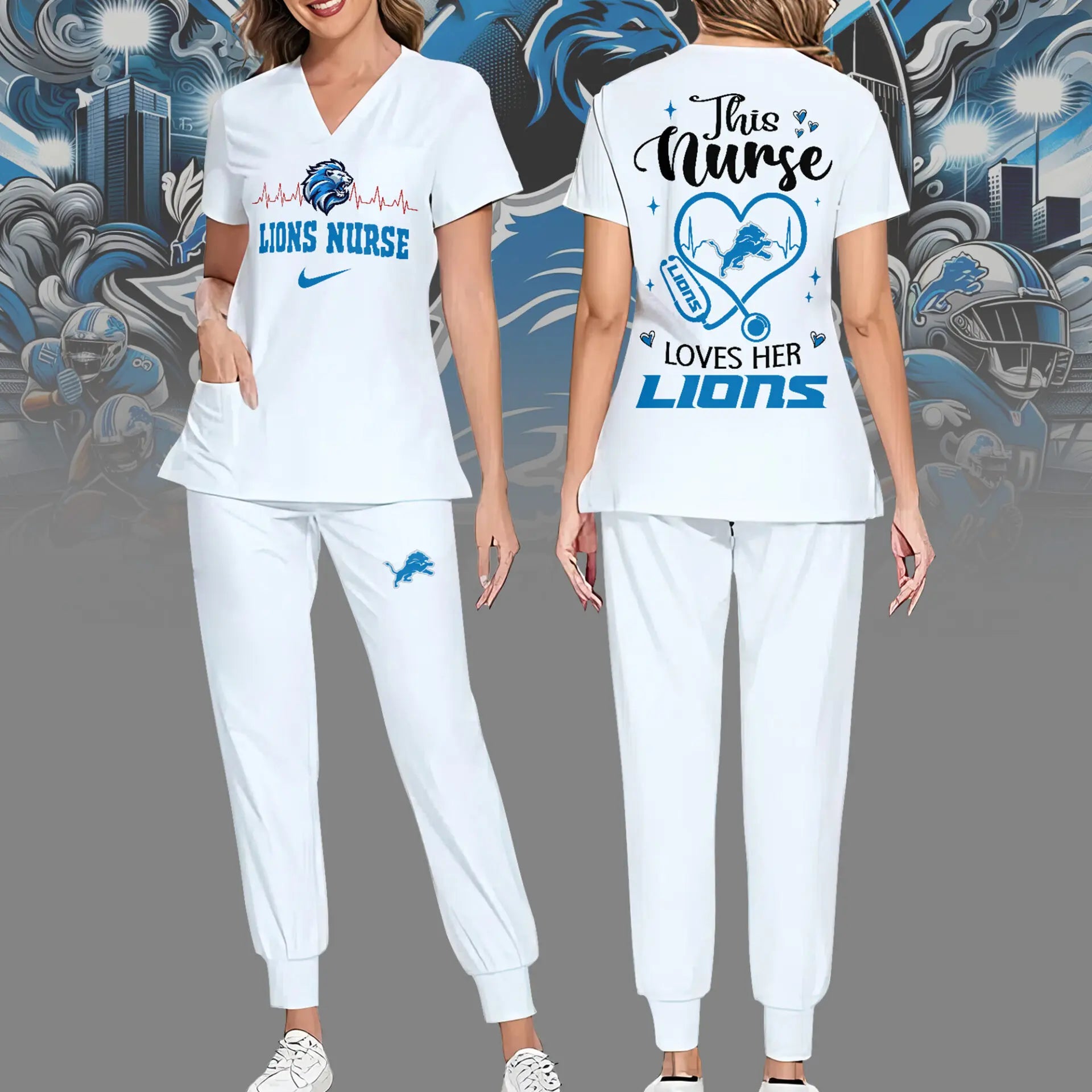 Detroit Lions | Premium NFL Nurse Appreciation Stretch V-Neck Scrub Top And Jogger Pant NY – HuddleStyle.com - Main