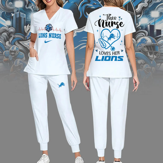 Detroit Lions | Premium NFL Nurse Appreciation Stretch V-Neck Scrub Top And Jogger Pant NY – HuddleStyle.com - Main