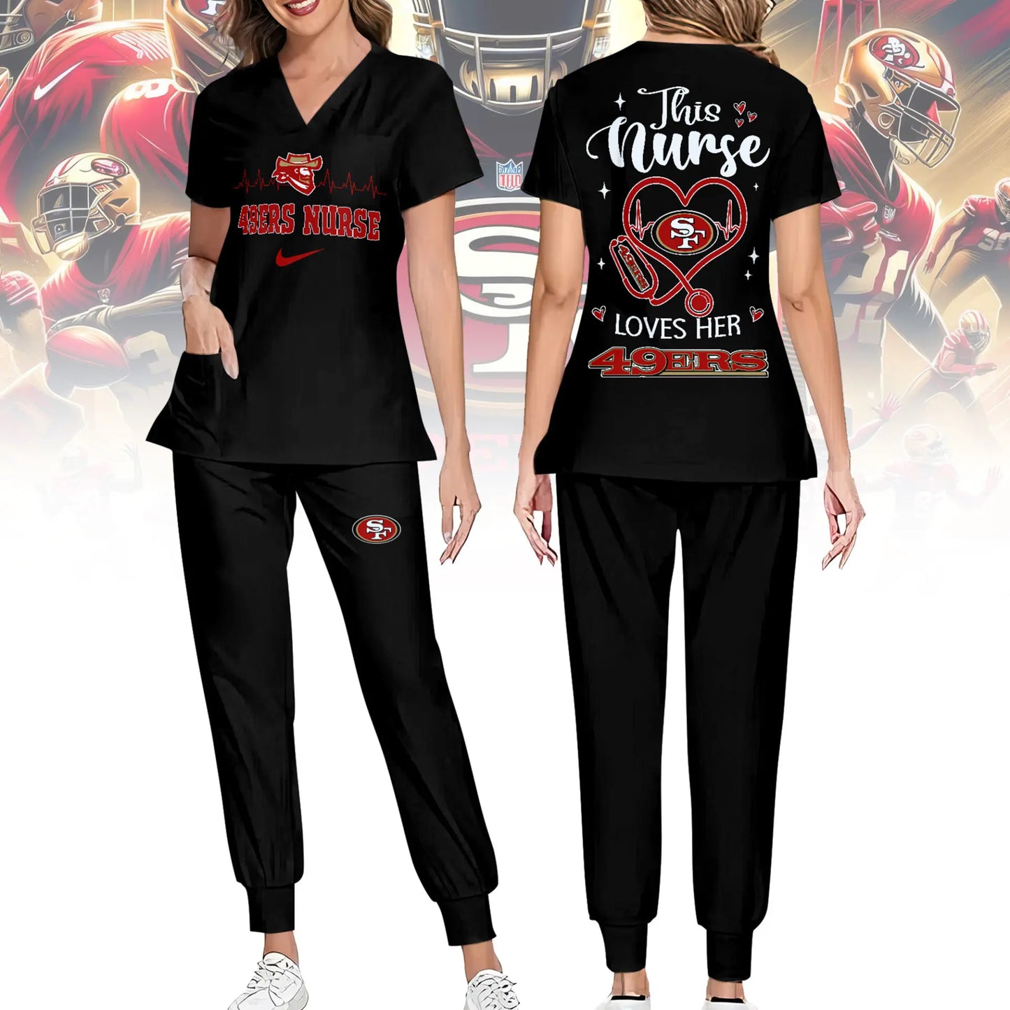 San Francisco 49ers | Premium NFL Nurse Appreciation Stretch V-Neck Scrub Top And Jogger Pant NY – HuddleStyle.com - Image 2