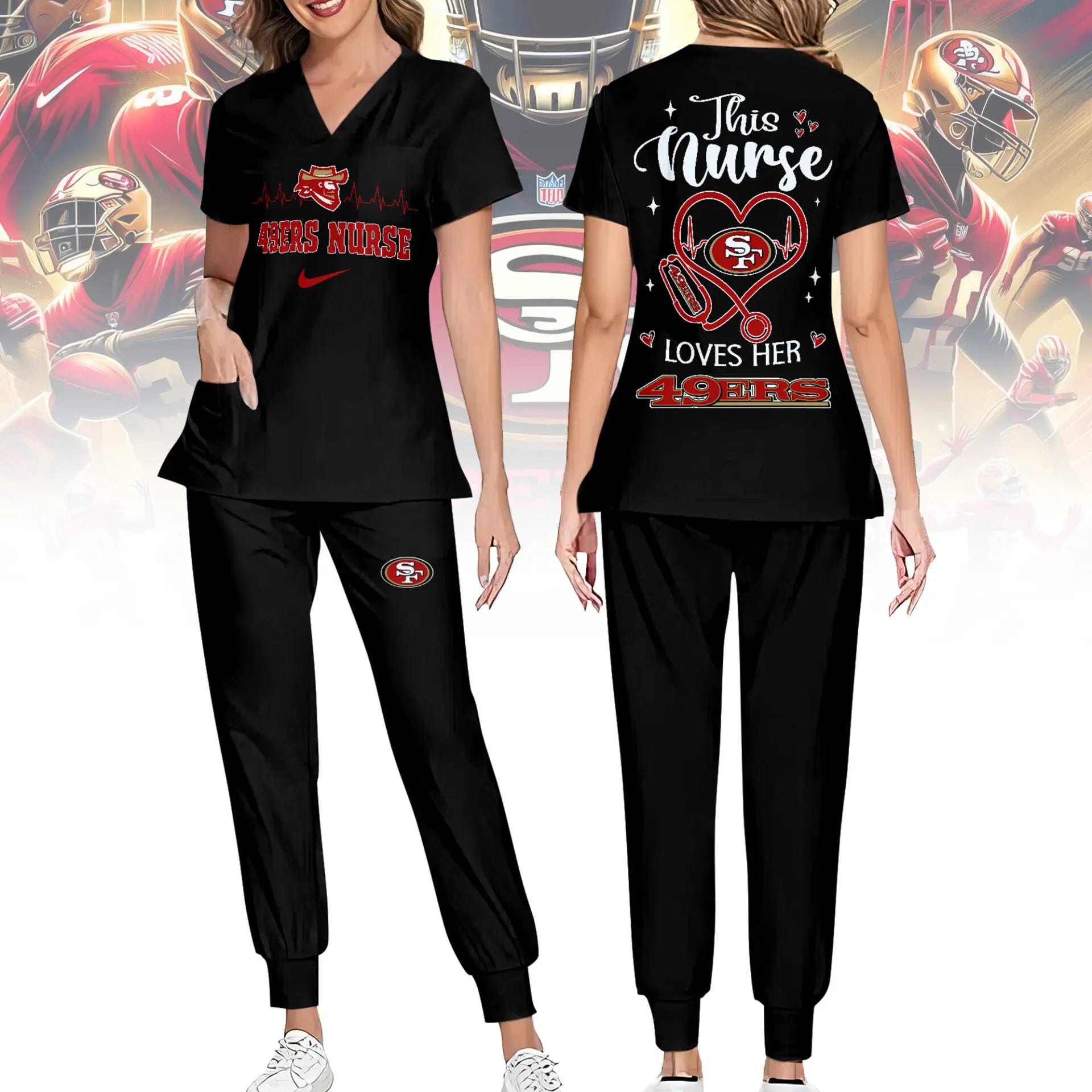 San Francisco 49ers | Premium NFL Nurse Appreciation Stretch V-Neck Scrub Top And Jogger Pant NY – HuddleStyle.com - Image 2