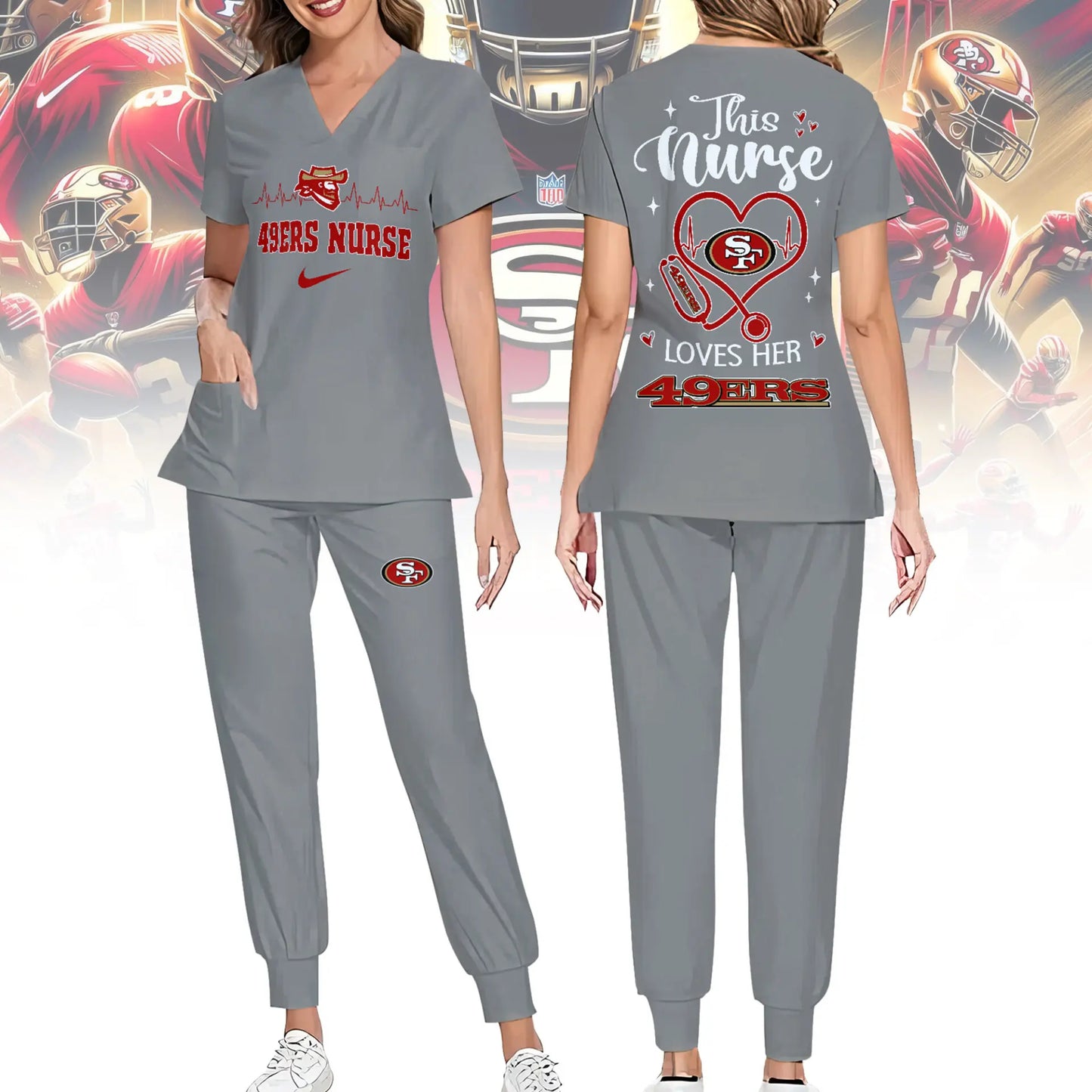 San Francisco 49ers | Premium NFL Nurse Appreciation Stretch V-Neck Scrub Top And Jogger Pant NY – HuddleStyle.com - Image 3