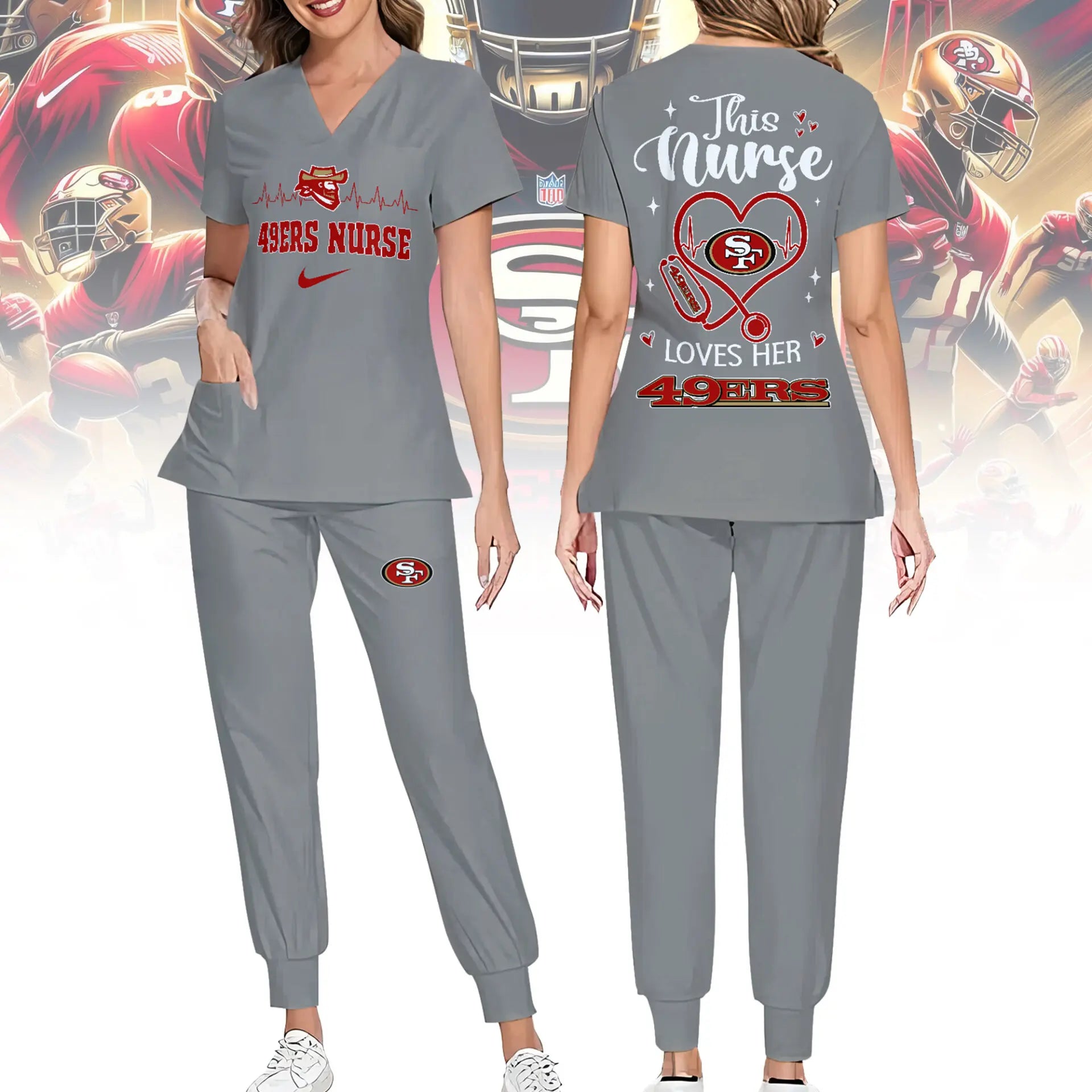 San Francisco 49ers | Premium NFL Nurse Appreciation Stretch V-Neck Scrub Top And Jogger Pant NY – HuddleStyle.com - Image 3