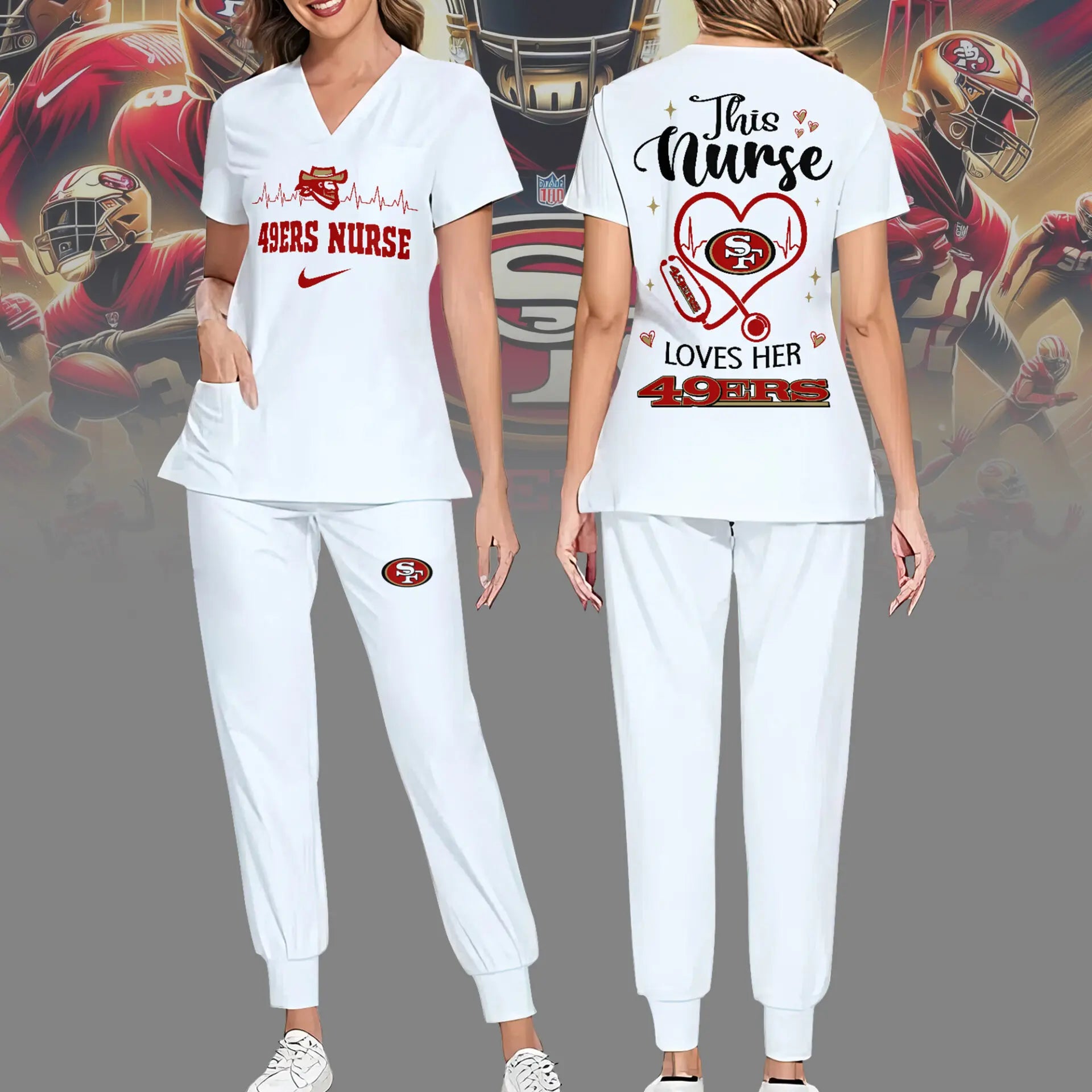 San Francisco 49ers | Premium NFL Nurse Appreciation Stretch V-Neck Scrub Top And Jogger Pant NY – HuddleStyle.com - Main