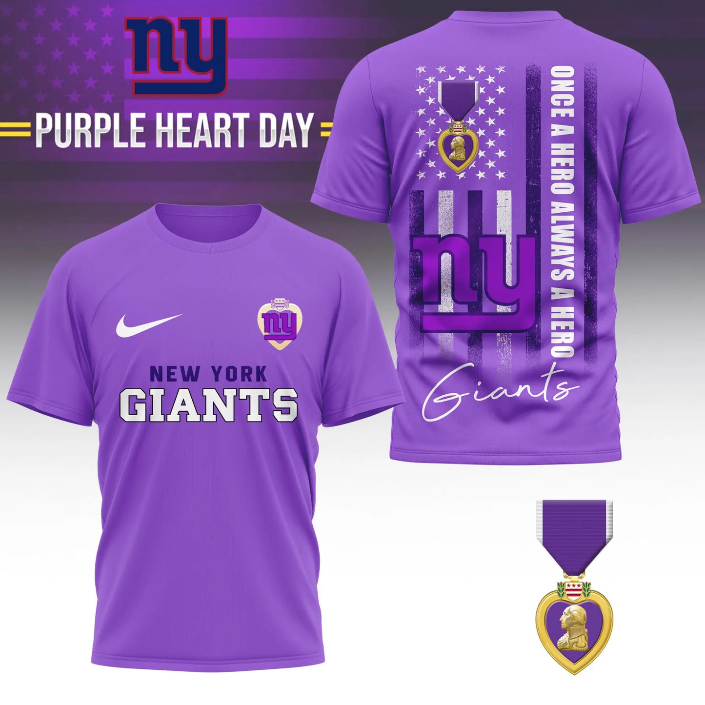 New York Giants | Premium NFL Premium National Purple Heart Day 3D Shirt HI – HuddleStyle.com - Image 3