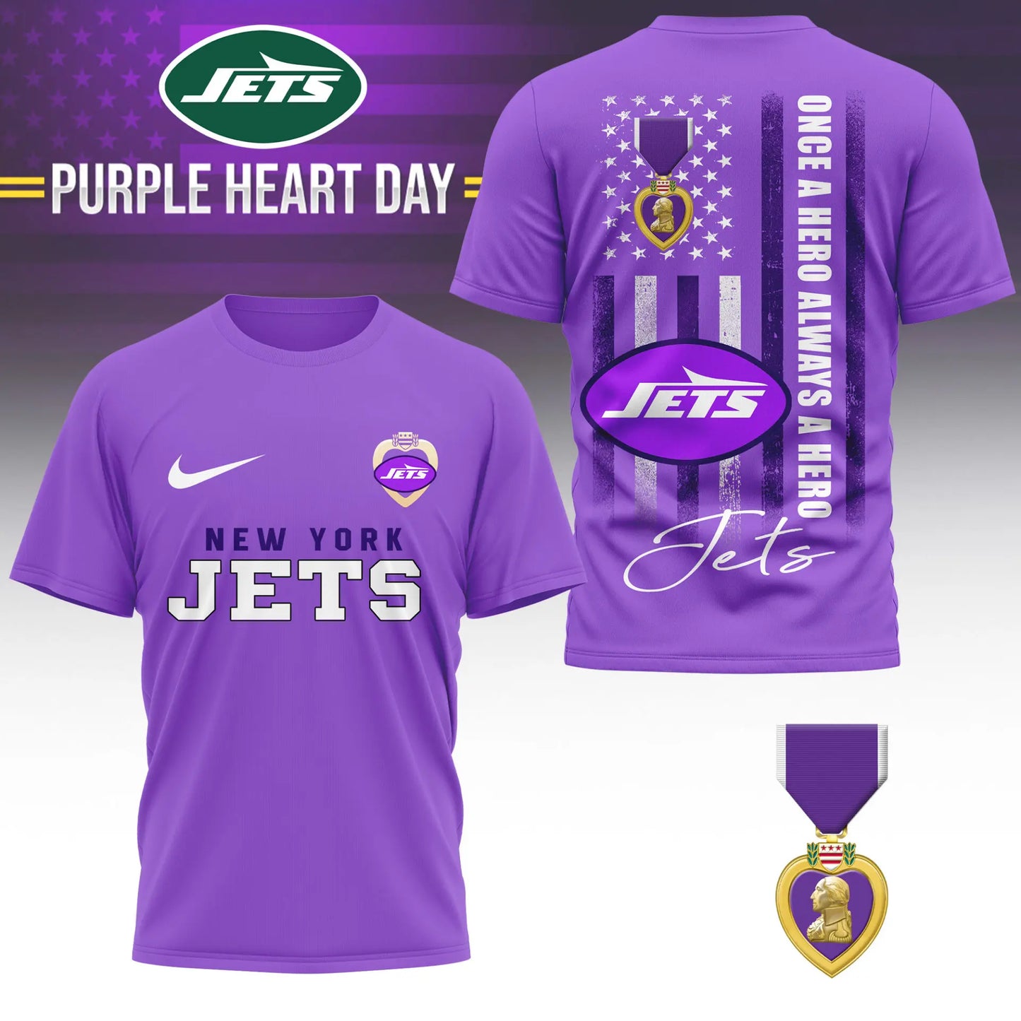 New York Jets | Premium NFL Premium National Purple Heart Day 3D Shirt HI – HuddleStyle.com - Image 2