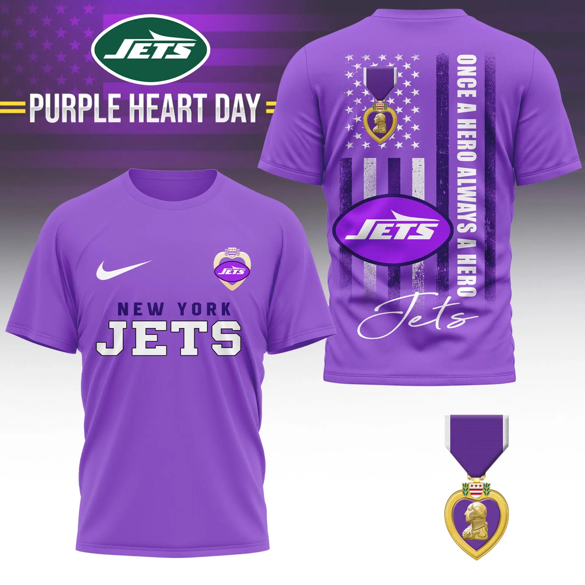 New York Jets | Premium NFL Premium National Purple Heart Day 3D Shirt HI – HuddleStyle.com - Image 2