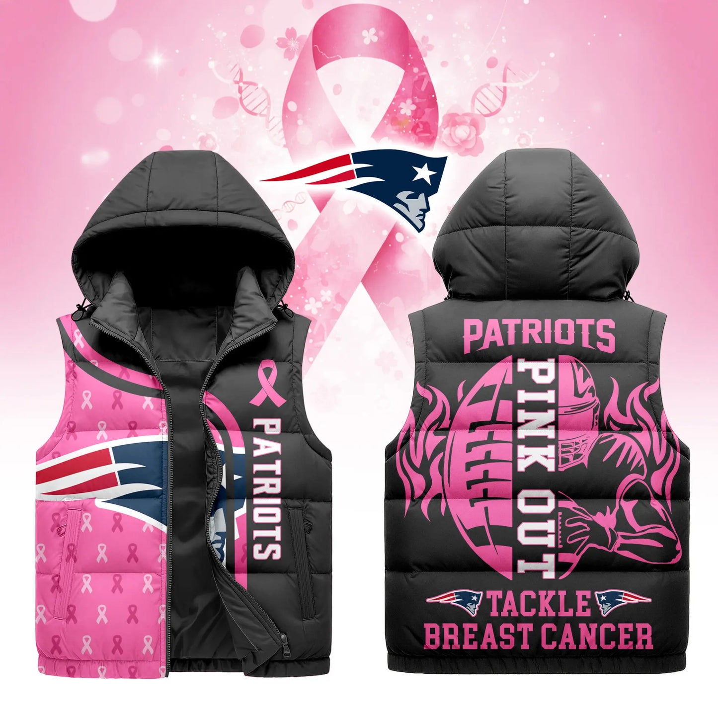New England Patriots | Premium NFL Pink Out Hooded Vest Puffer – HuddleStyle.com - Main