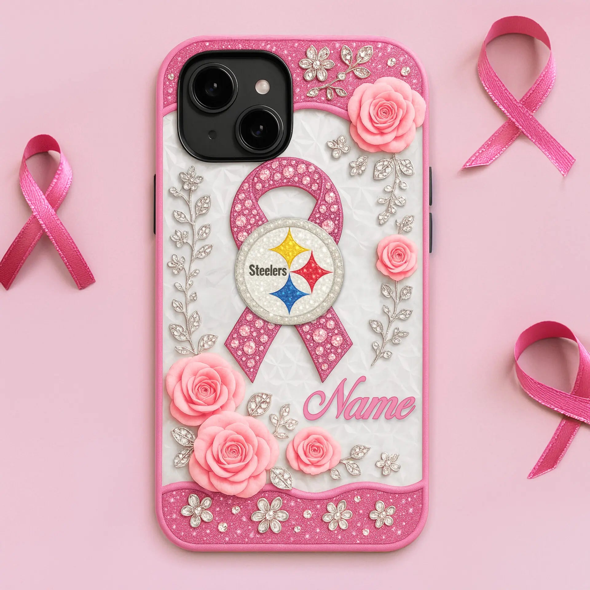 Pittsburgh Steelers  | Premium NFL Breast Cancer Phonecase HI – HuddleStyle.com - Image 2