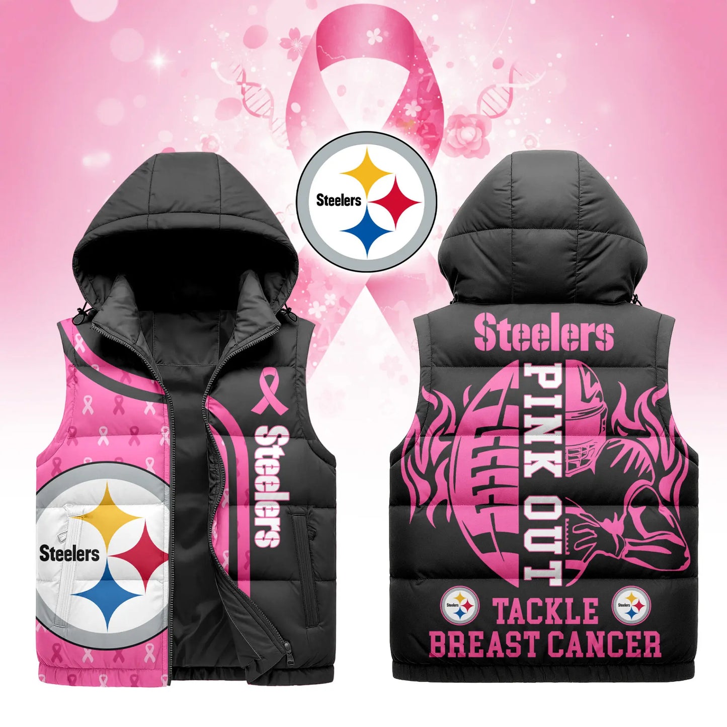 Pittsburgh Steelers | Premium NFL Pink Out Hooded Vest Puffer – HuddleStyle.com - Main