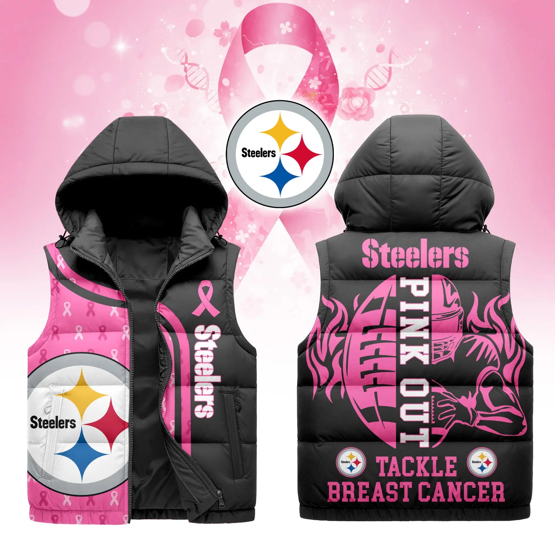 Pittsburgh Steelers | Premium NFL Pink Out Hooded Vest Puffer – HuddleStyle.com - Main