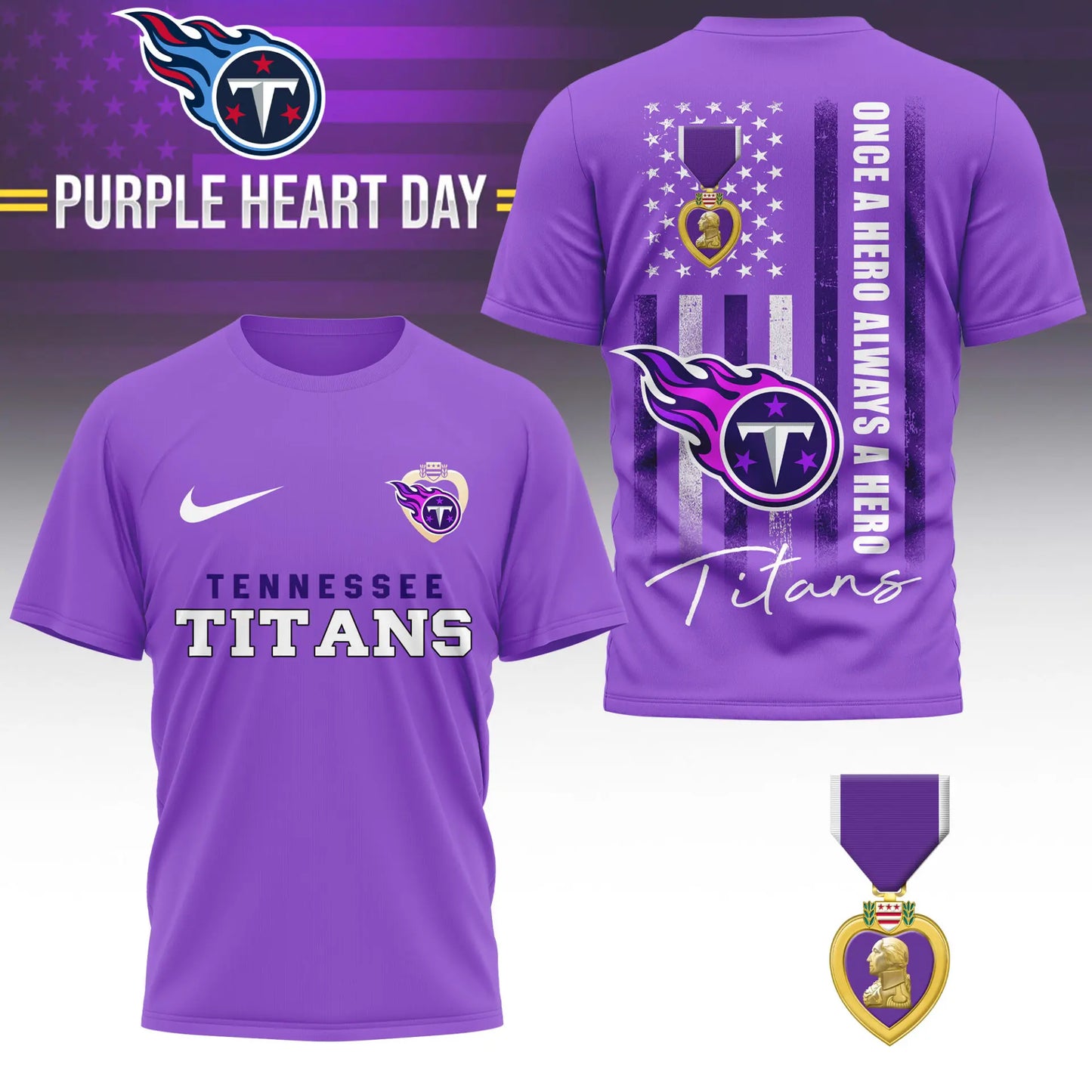 Tennessee Titans | Premium NFL Premium National Purple Heart Day 3D Shirt HI – HuddleStyle.com - Image 2