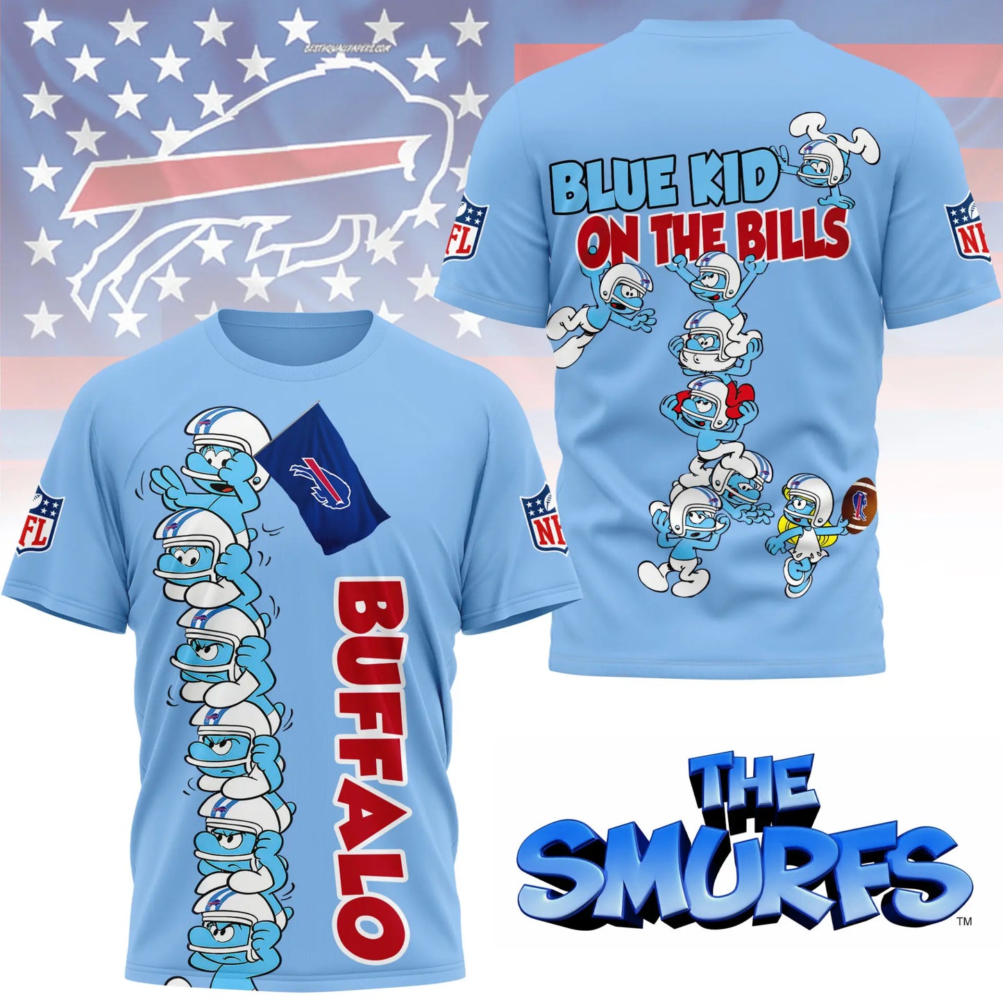 Buffalo Bills | Premium NFL x Smurfs 3D Shirt NY – HuddleStyle.com - Image 2