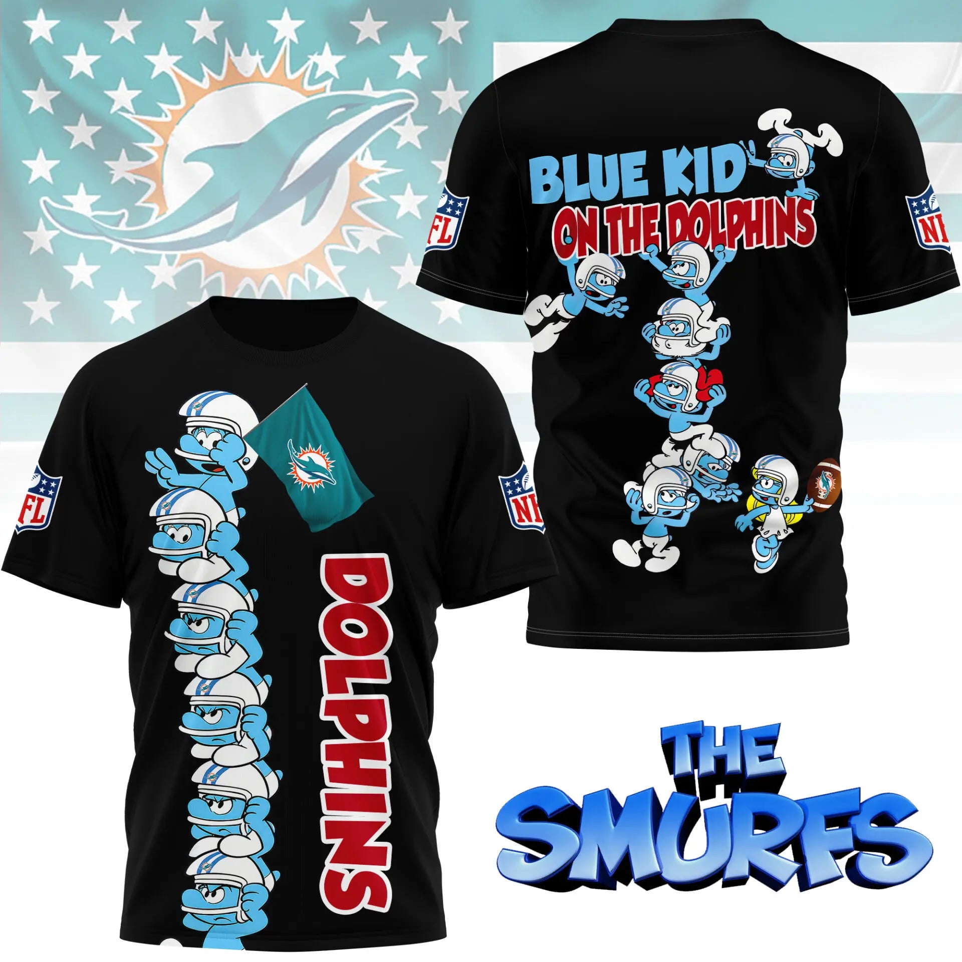 Miami Dolphins | Premium NFL x Smurfs 3D Shirt NY – HuddleStyle.com - Image 3