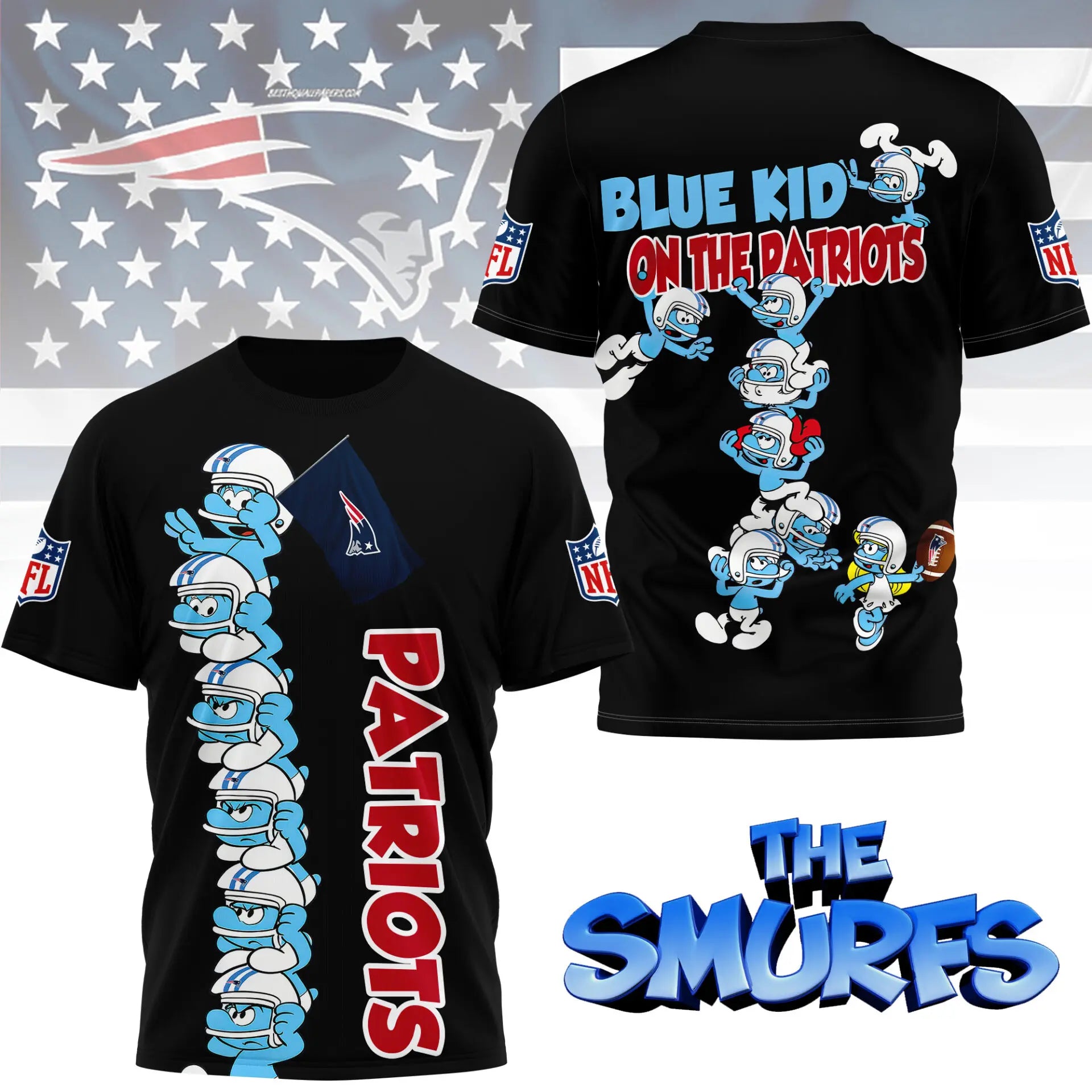 New England Patriots | Premium NFL x Smurfs 3D Shirt NY – HuddleStyle.com - Image 2