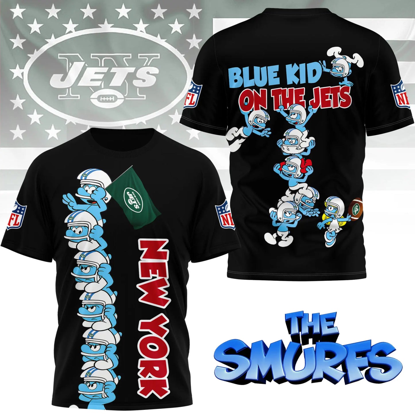 New York Jets | Premium NFL x Smurfs 3D Shirt NY – HuddleStyle.com - Image 2