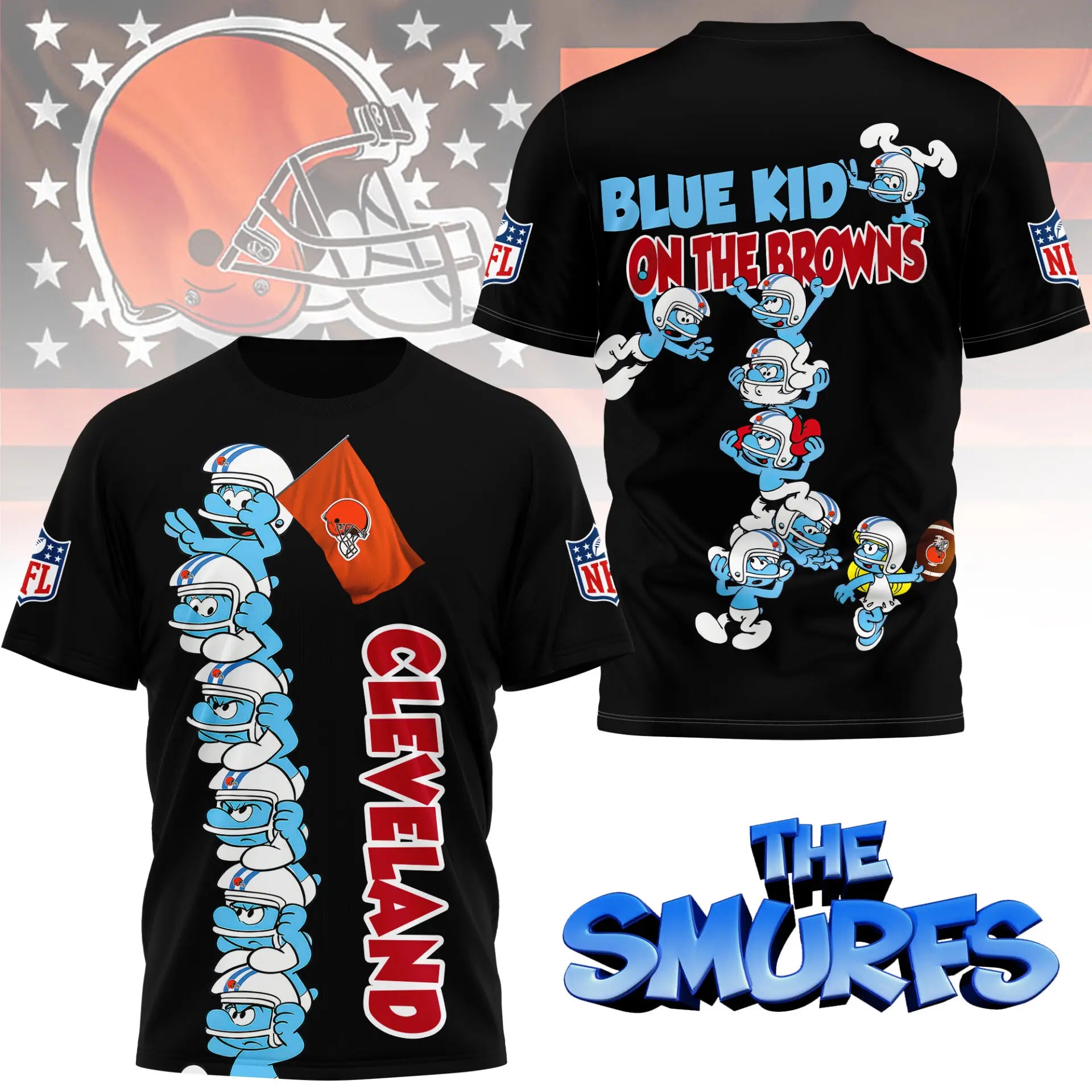 Cleveland Browns | Premium NFL x Smurfs 3D Shirt NY – HuddleStyle.com - Image 2