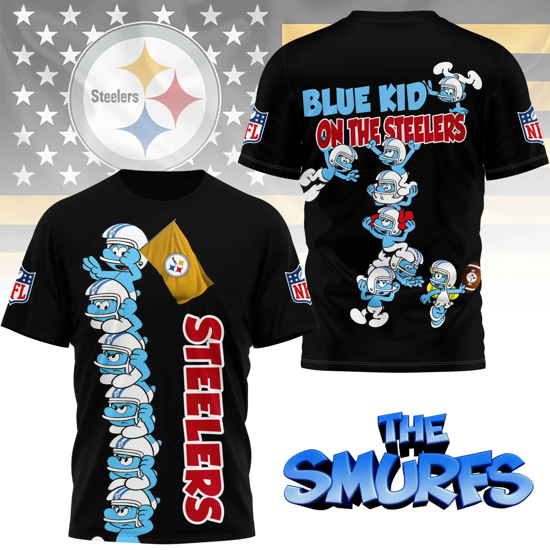 Pittsburgh Steelers | Premium NFL x Smurfs 3D Shirt NY – HuddleStyle.com - Main