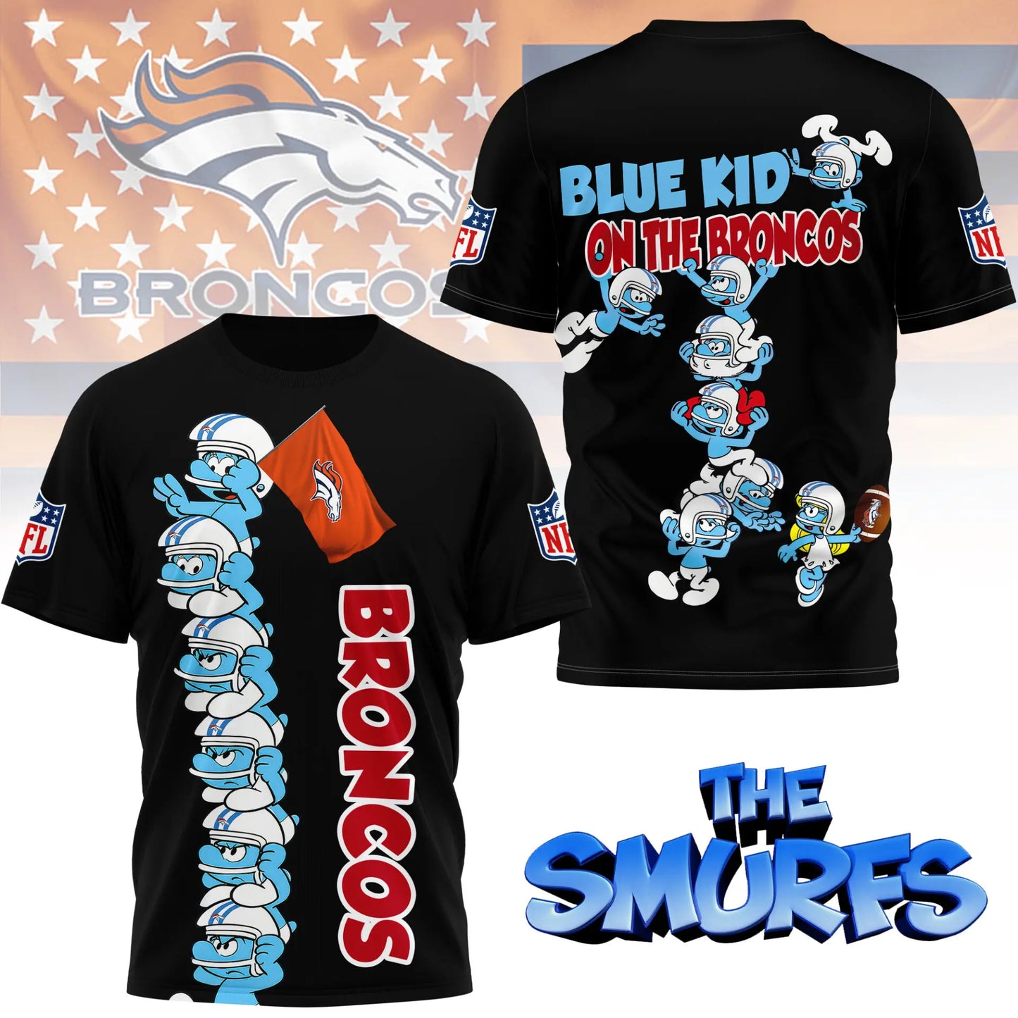 Denver Broncos | Premium NFL x Smurfs 3D Shirt NY – HuddleStyle.com - Image 2