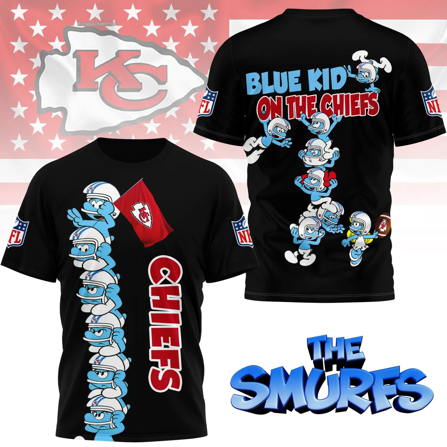 Kansas City Chiefs | Premium NFL x Smurfs 3D Shirt NY – HuddleStyle.com - Image 2