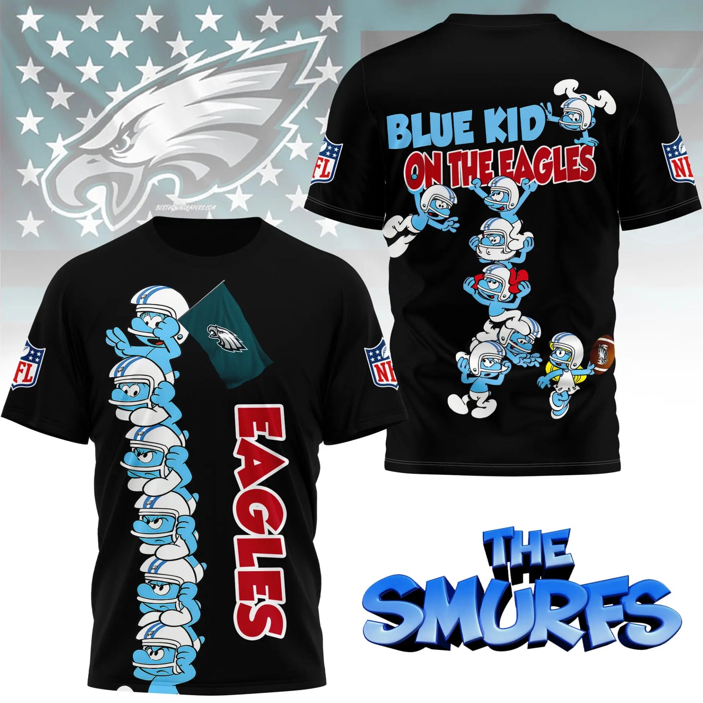 Philadelphia Eagles | Premium NFL x Smurfs 3D Shirt NY – HuddleStyle.com - Image 2