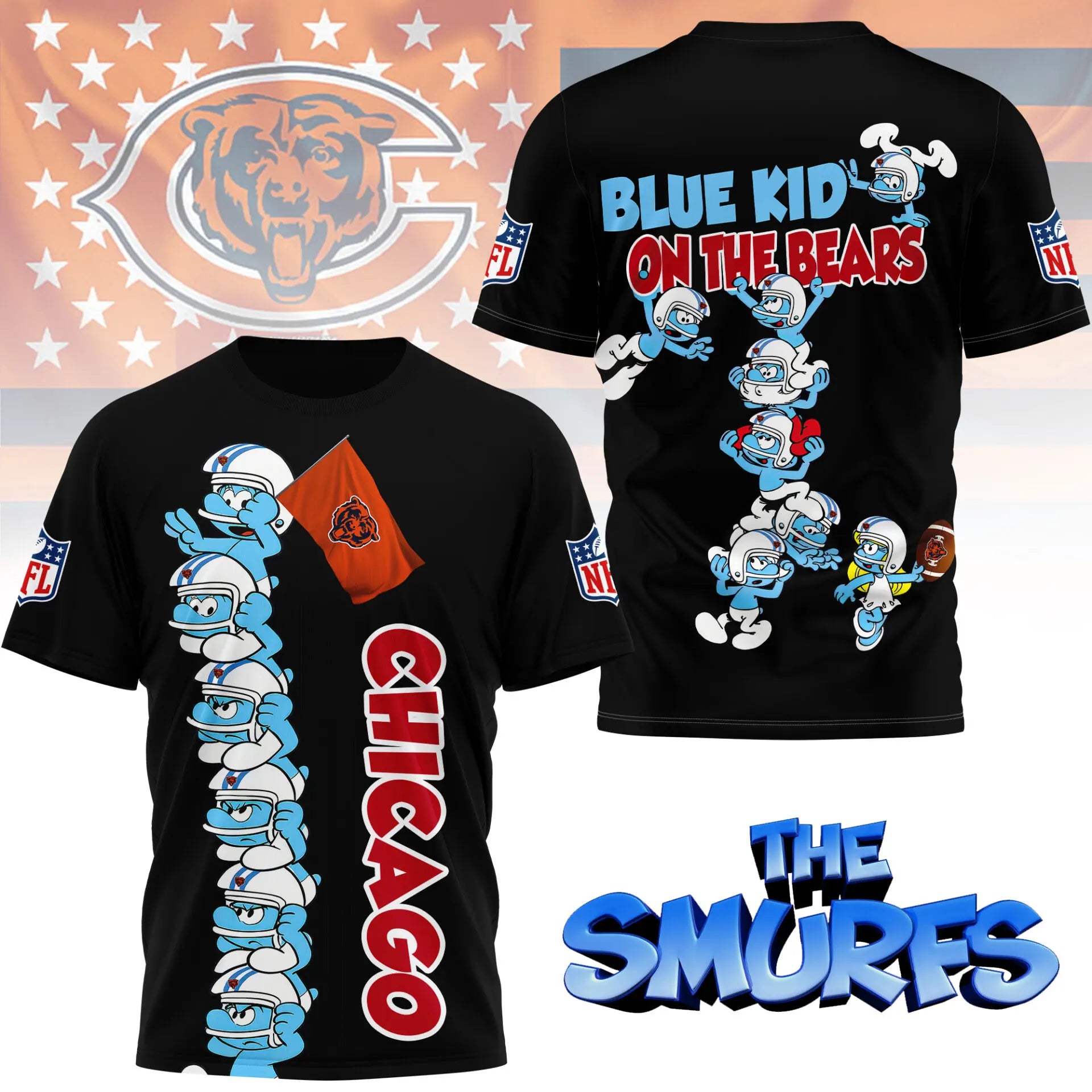 Chicago Bears | Premium NFL x Smurfs 3D Shirt NY – HuddleStyle.com - Image 3