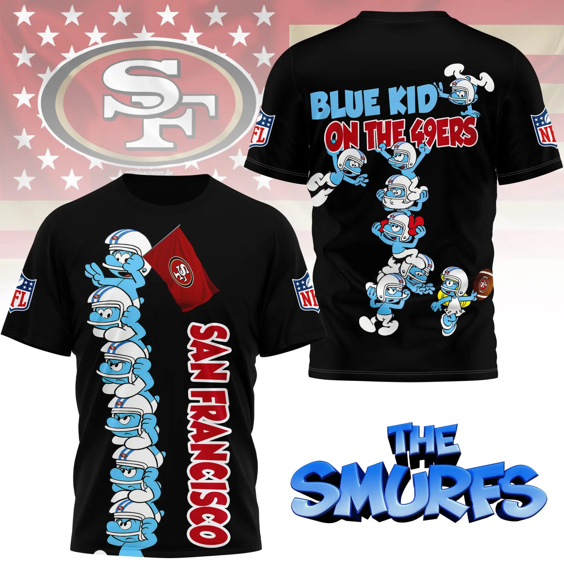 San Francisco 49ers | Premium NFL x Smurfs 3D Shirt NY – HuddleStyle.com - Image 2