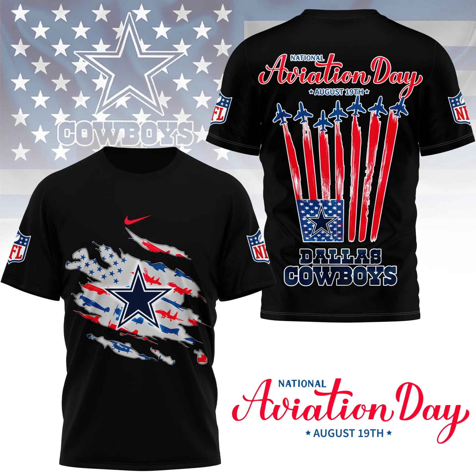 Dallas Cowboys | Premium National Aviation Day 3D Shirt NY – HuddleStyle.com - Main