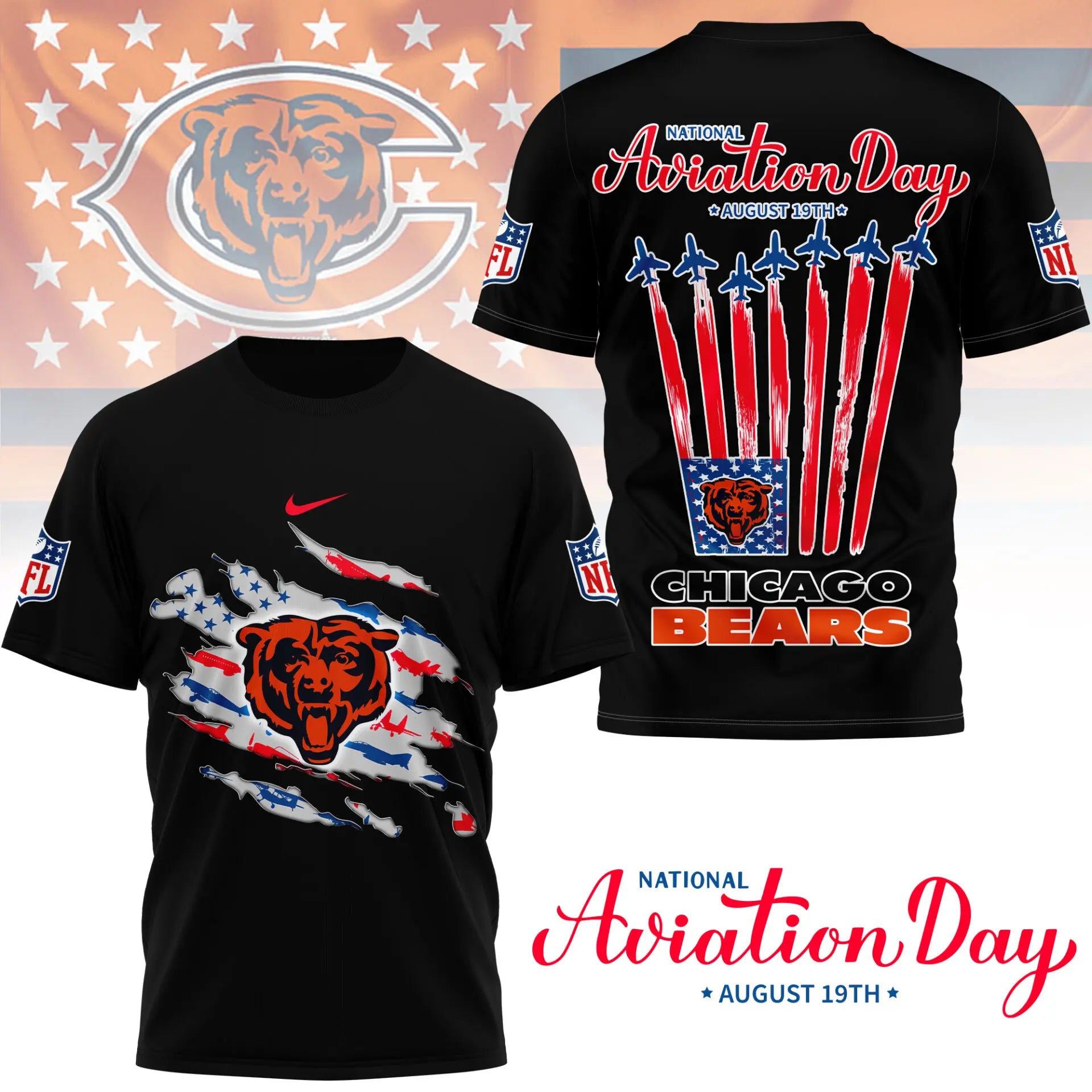 Chicago Bears | Premium National Aviation Day 3D Shirt NY – HuddleStyle.com - Image 2