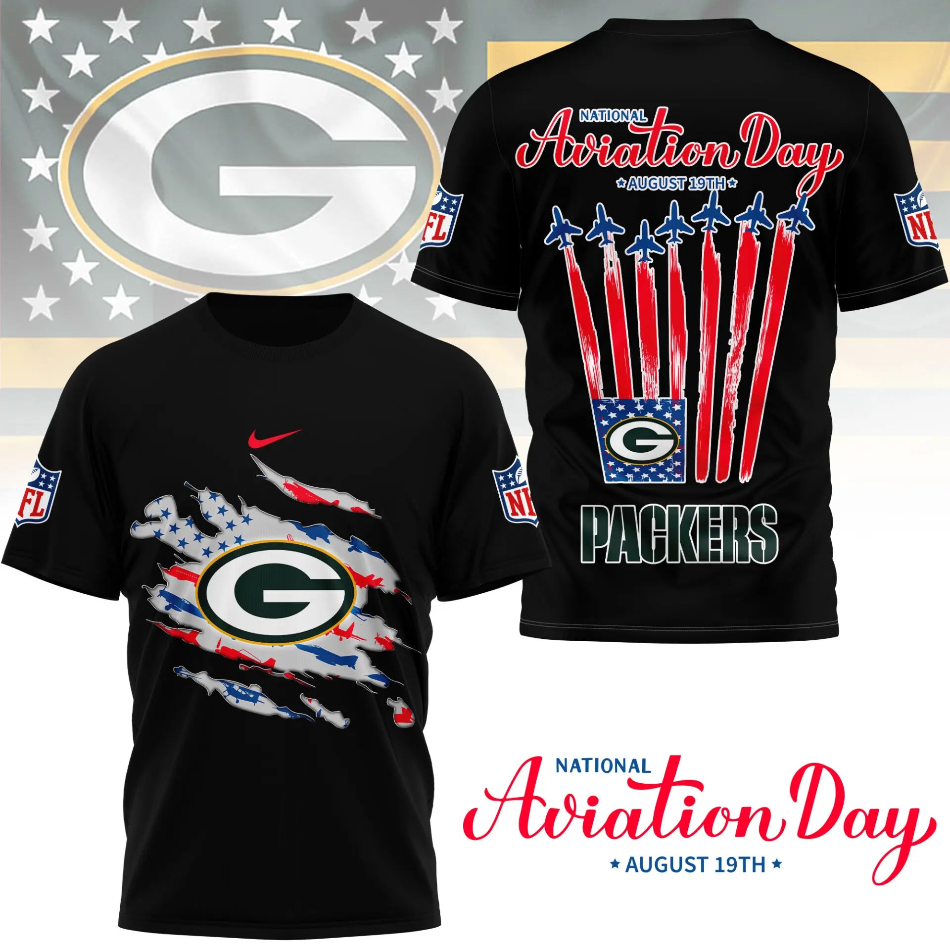 Green Bay Packers | Premium National Aviation Day 3D Shirt NY – HuddleStyle.com - Image 2