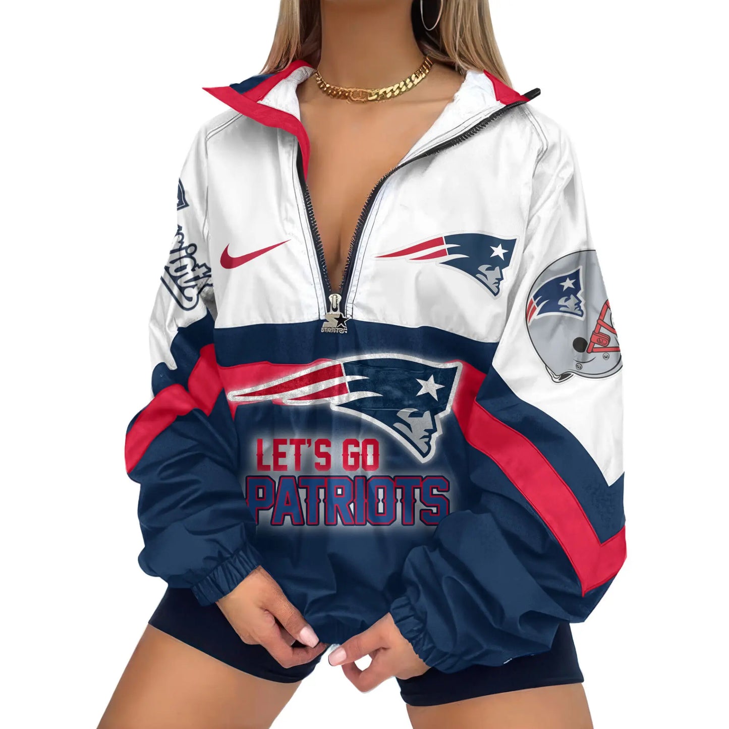 New England Patriots | Premium Women’s Printed V-Neck Zipper Sweatshirt Jackets TD – HuddleStyle.com - Image 2