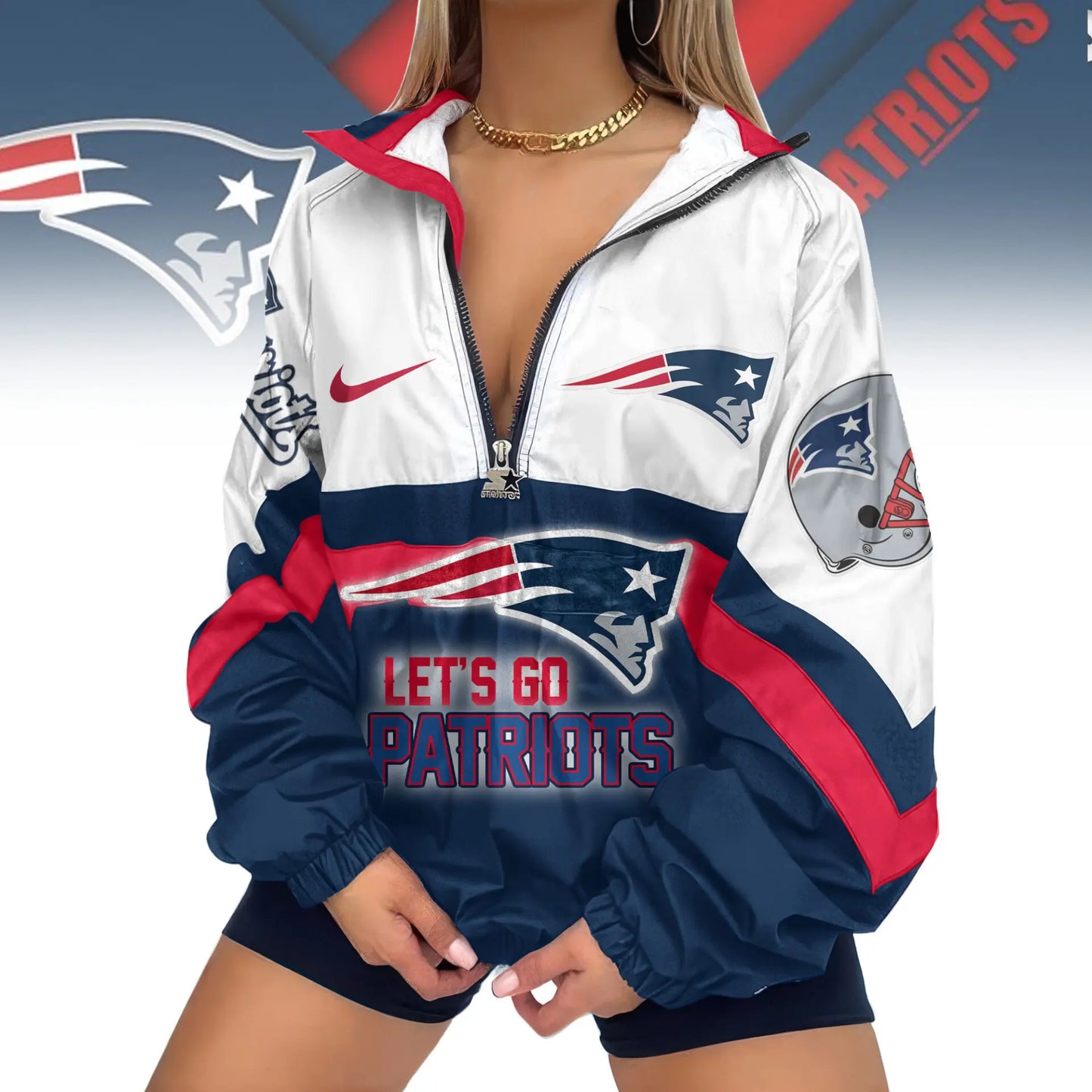 New England Patriots | Premium Women’s Printed V-Neck Zipper Sweatshirt Jackets TD – HuddleStyle.com - Image 2