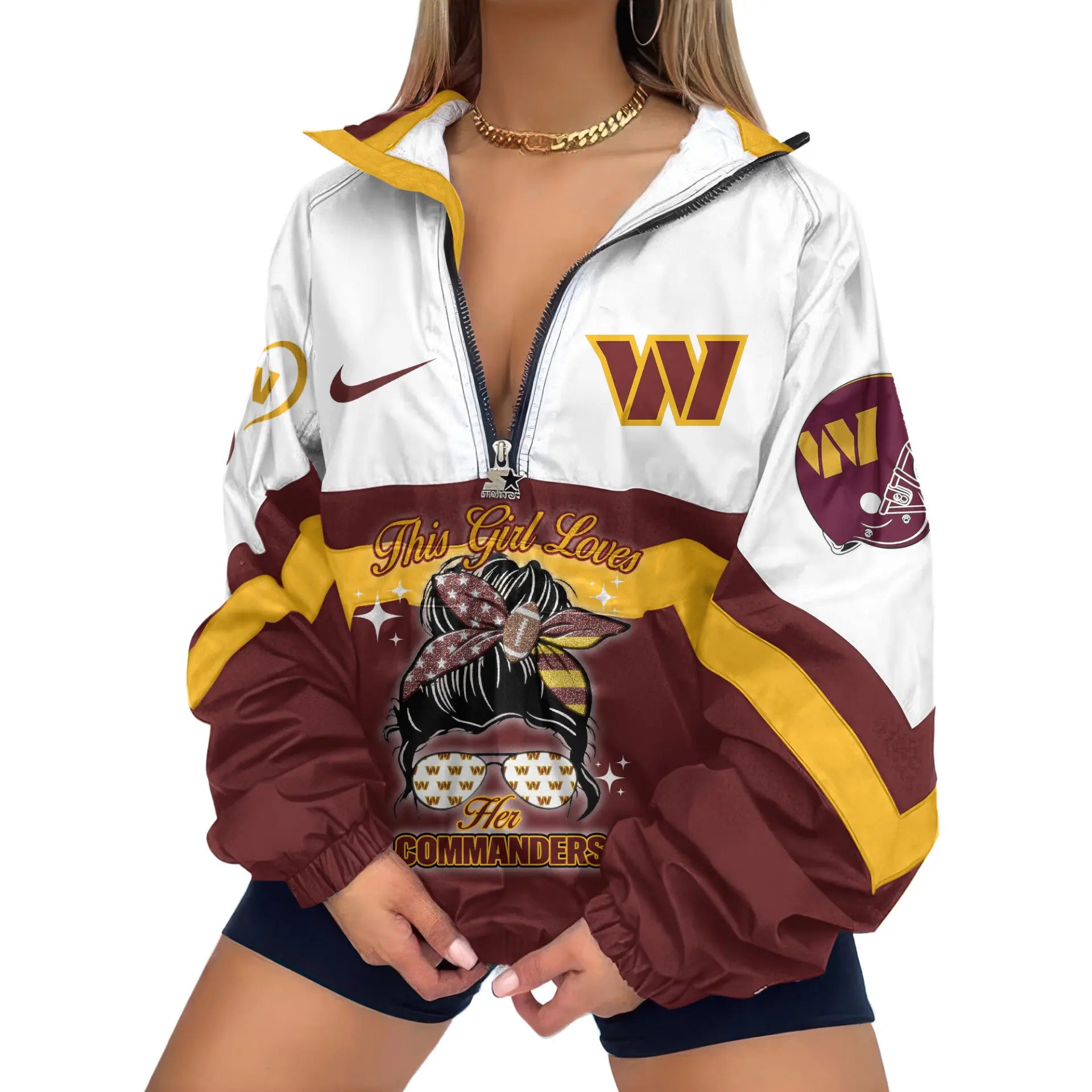 Washington Commanders | Premium Women’s Printed V-Neck Zipper Sweatshirt Jackets TD – HuddleStyle.com - Main